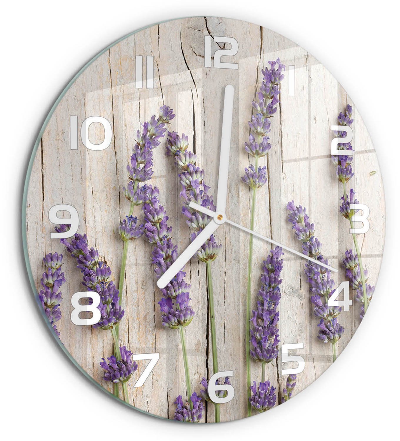 TULUP Wandklok - Lavendel op hout Glazen Wandklok Design - fi30 cm - Paars Klok Glas Met Opdruk - Witte handen - Ronde Klok - Wandklok Glas Met Motief - Decoratieve Glazen Klok