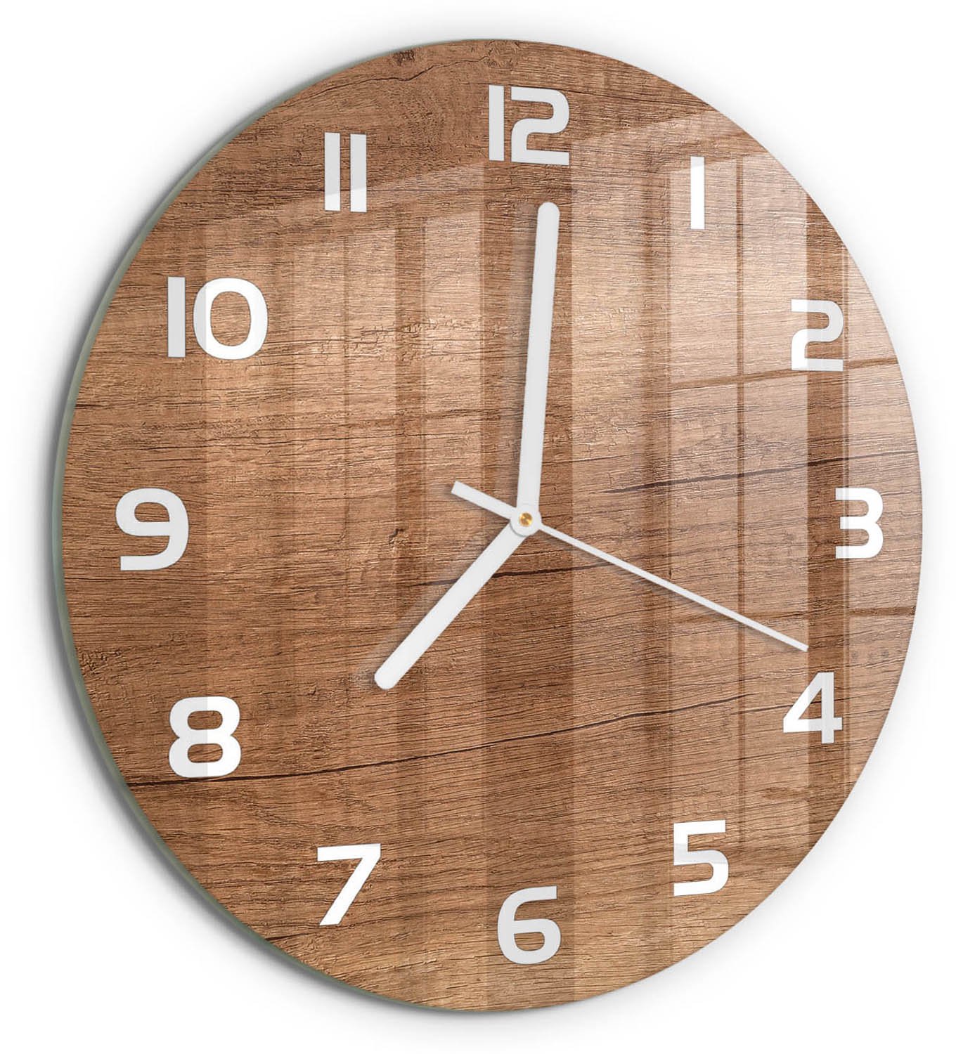 TULUP Wandklok - Houten achtergrond Decoratieve Glazen Klok - fi30 cm - Bruin Glazen Wandklok Design - Witte handen - Ronde Klok - Glazen Klok Met Print - Wandklok Glas Met Motief