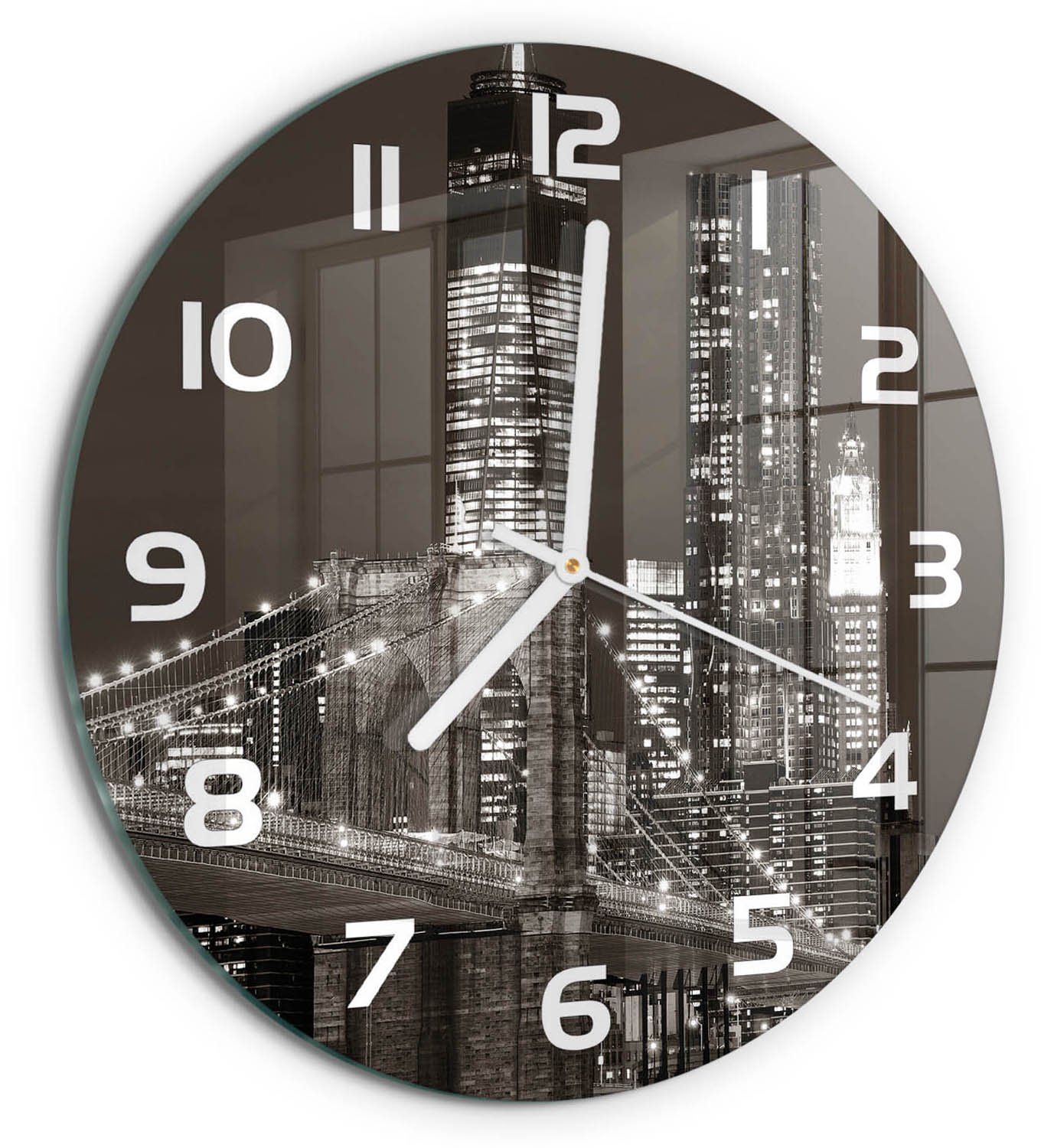 TULUP Wandklok - Manhattan, New York Gekleurde Glazen Klok - fi30 cm - Zwart-wit Glazen Klok Met Print - Witte handen - Ronde Klok - Moderne Wandklok Glas - Wandklok Glas Decoratie