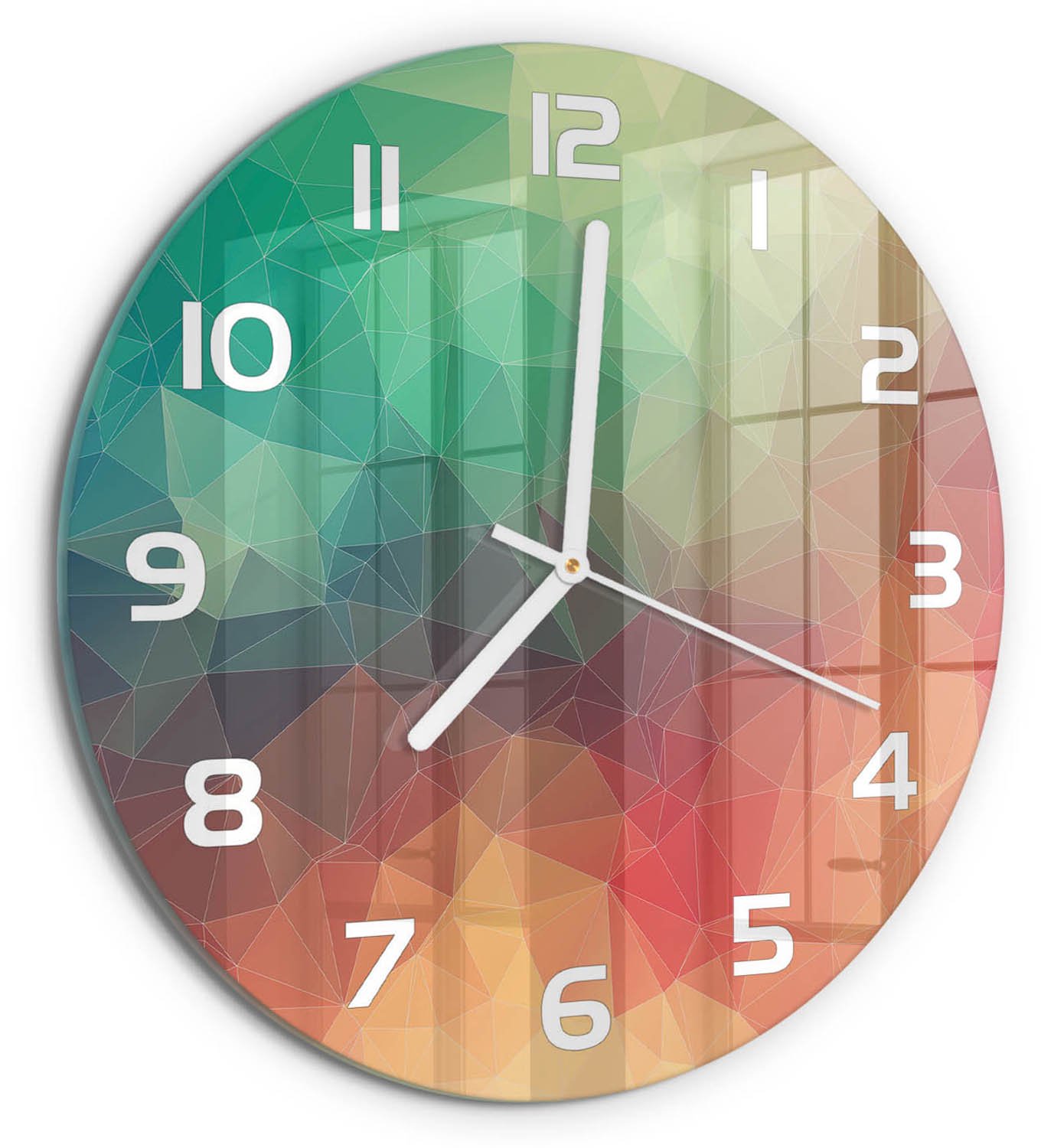 TULUP Wandklok - Geometrische achtergrond Gekleurde Glazen Klok - fi30 cm - Veelkleurig Glazen Klok Met Print - Witte handen - Ronde Klok - Moderne Wandklok Glas - Wandklok Glas Decoratie