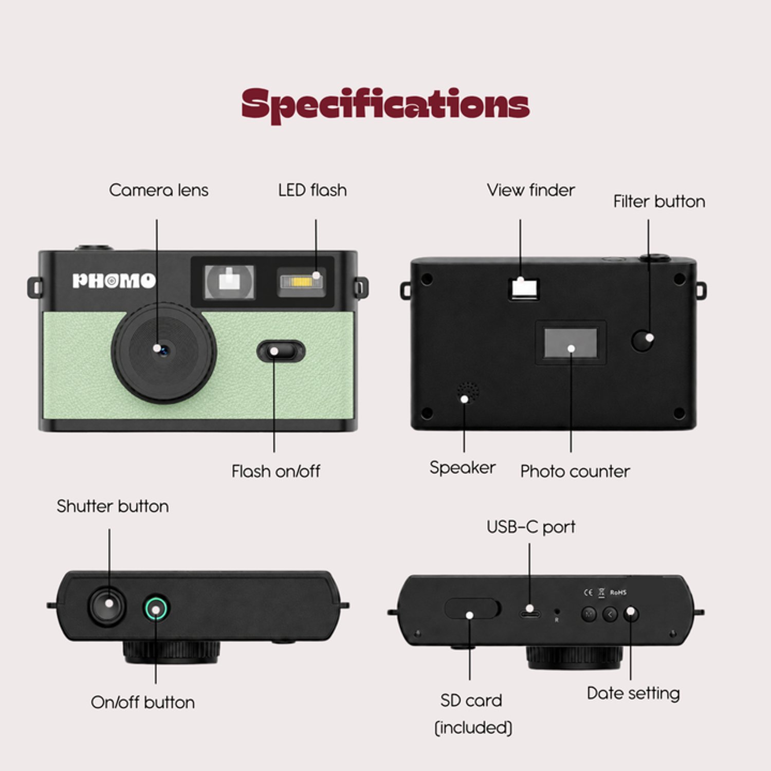 Phomo Digitale Retro Camera - Compact Camera - 8MP - 4 Retrofilters - Flits - SD-kaart - USB-C - Mint Groen thumbnail 3