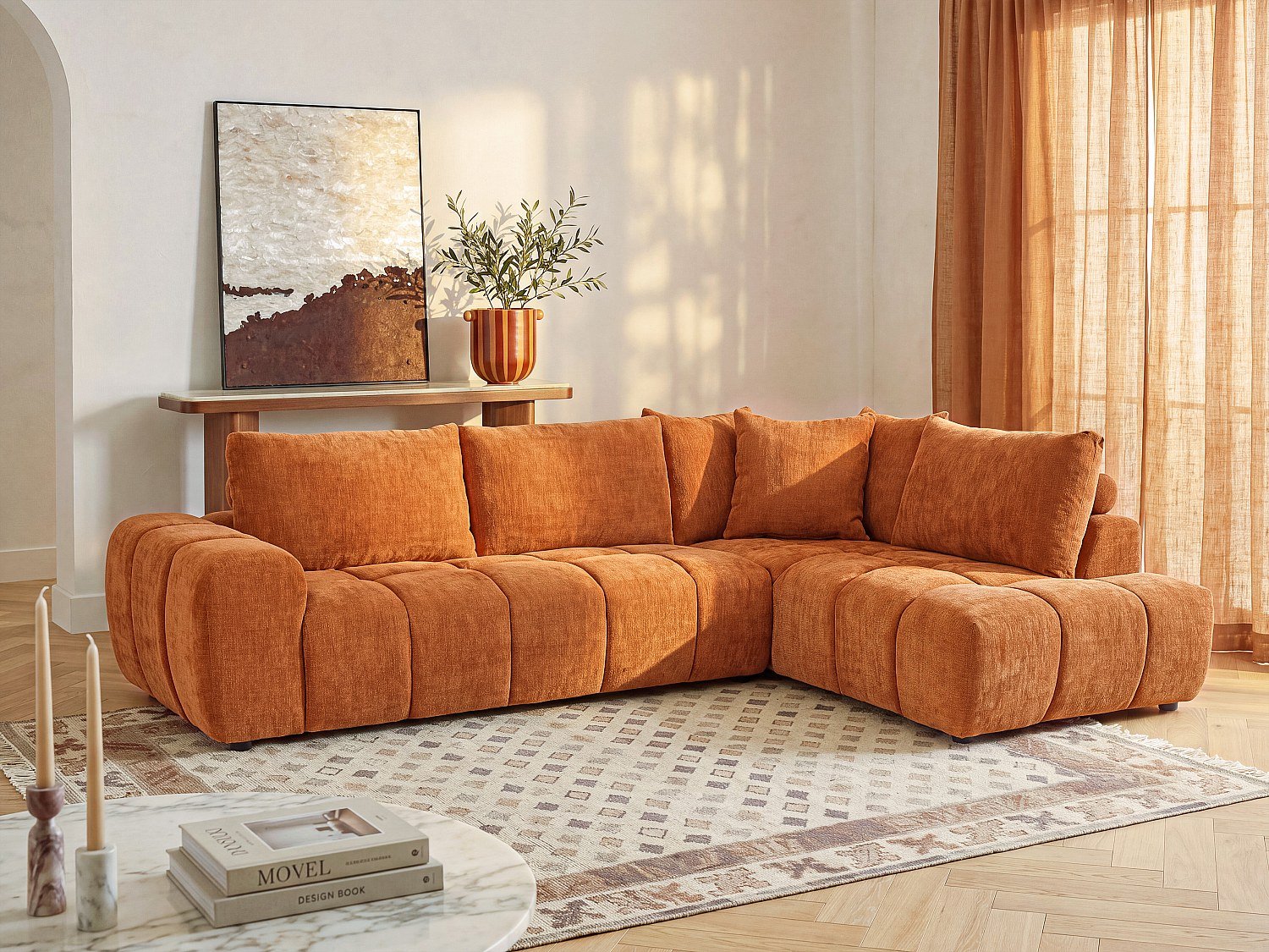 Vente-unique Hoekzitbank rechts met rugleuning in terracotta chenillestof CLENALI