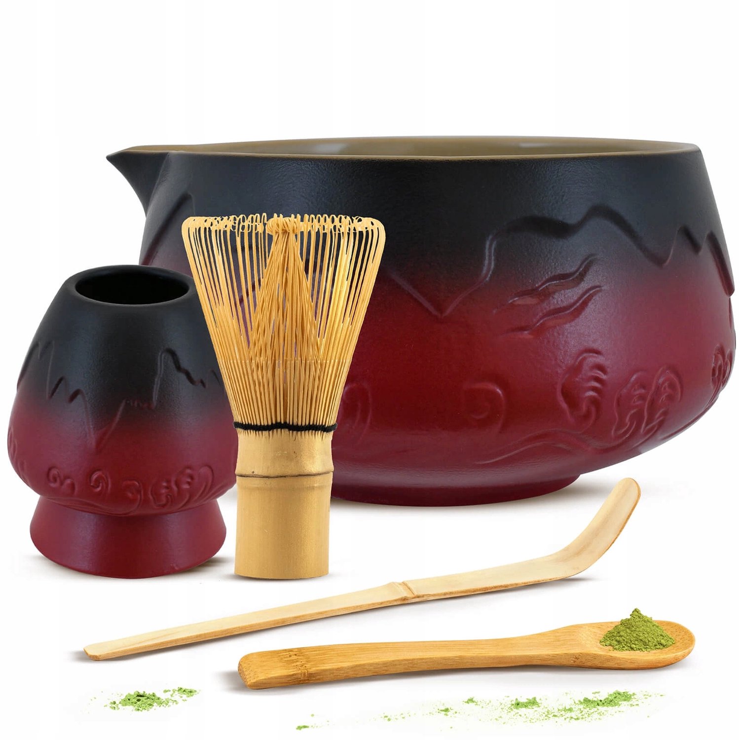 Matcha Ceremonie Set: Chasen, Chashaku, Matchawan & Standaard Rood