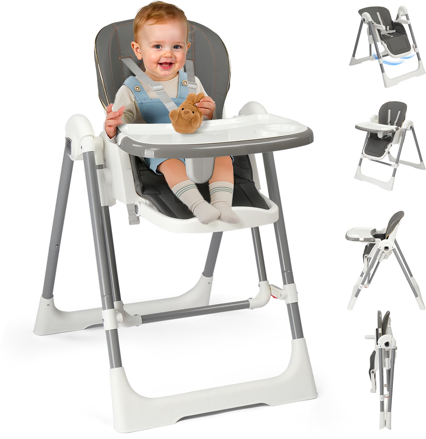 Kinderstoel - LEADZM - Kinderstoel voor baby, 2-in-1 babykinderstoel, Wiegfunctie, opvouwbaar en draagbaar - Grijs