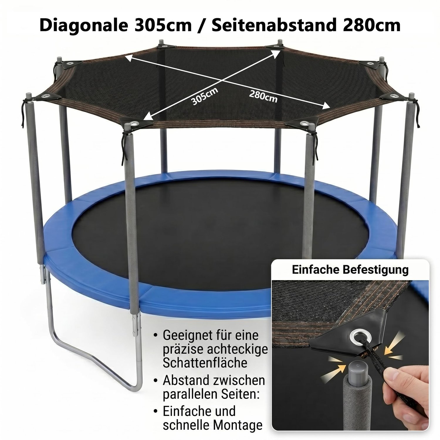 SnelShoppen - Trampoline zonwering afdekking Ø305 cm (10ft) - Scheurvast 80g/m² PE zonnedak voor 8 stangen - Lucht- en waterdoorlatend zonnezeil - Inc