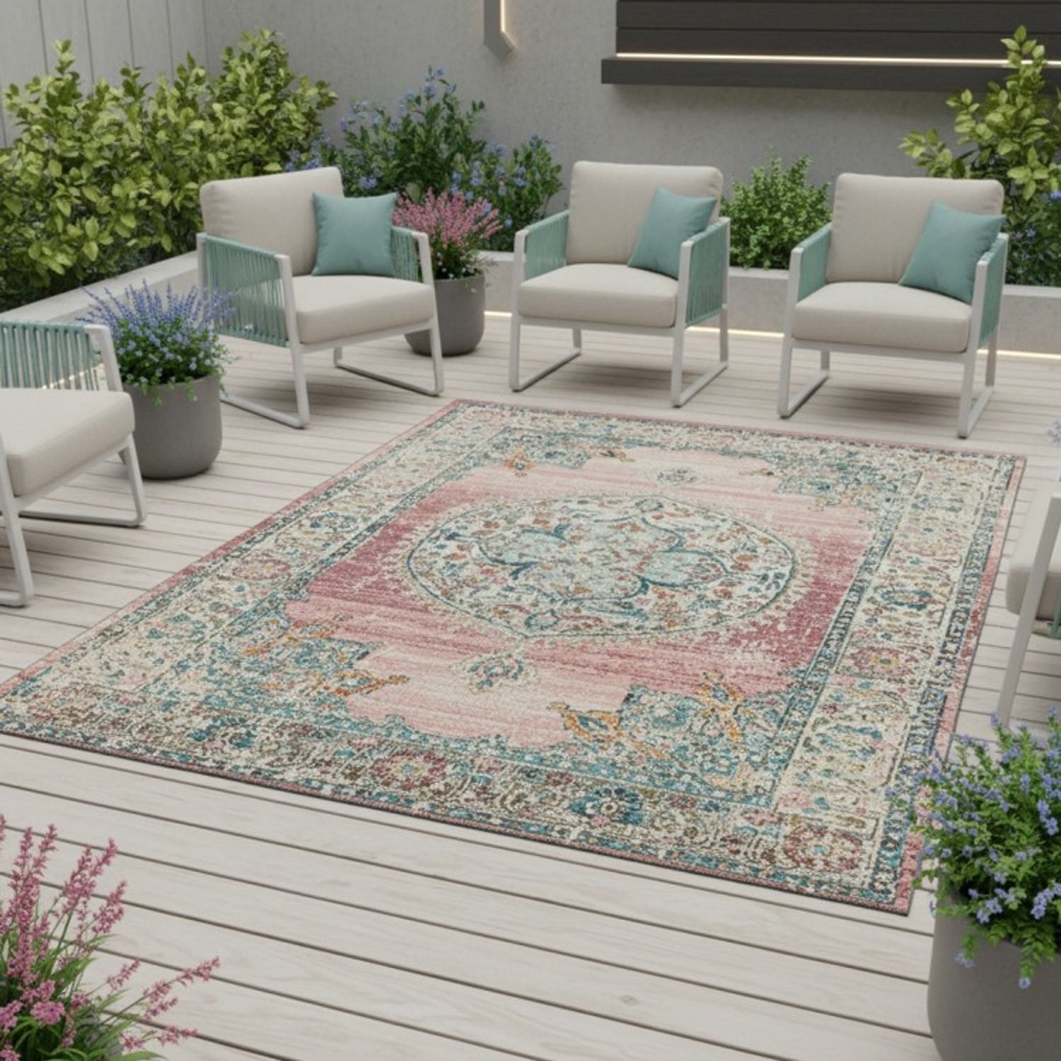 TapisTrend Designer tapijt Roze 80x300 cm Vintage oosters binnen-/buitenkleed met bloemenmedaillon voor woonkamer, terras en balkon