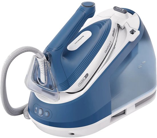 Braun CareStyle 3 strijkijzer met blauw en wit station, met een transparant waterreservoir met max. indicatie.