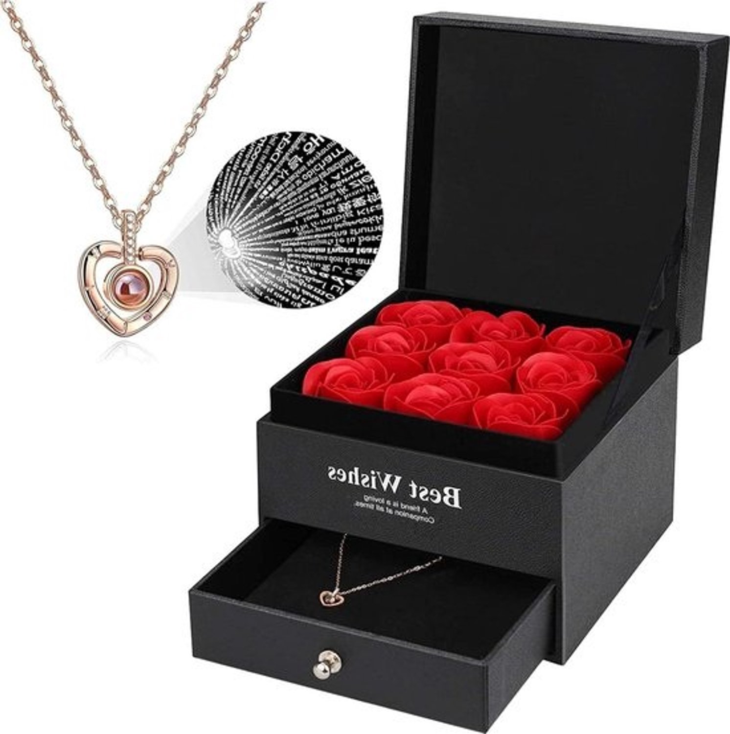 Eeuwige Roos Cadeau - Geconserveerde Bloem - Romantisch Gebaar - Met Ketting 100 Talen - 12x12x9.5 cm - Rood