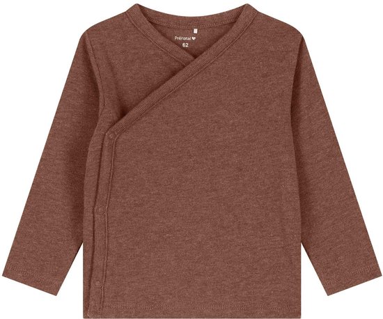 Bruin overslagshirt met lange mouwen, knoopsluiting aan de zijkant, label met 'Prénatal 62'.