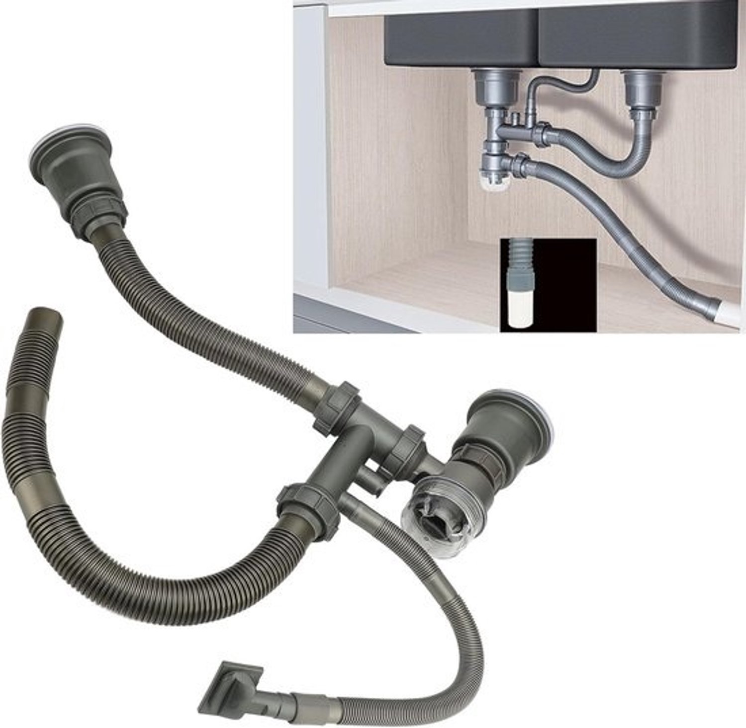 Gootsteen Afvoerset - Dubbele Spoelbak Afvoer - Keuken Badkamer - Flexibele Verstelbare Pijp - 61 cm Lengte