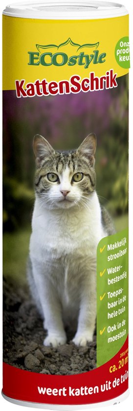 ECOstyle KattenSchrik verpakking met een zittende kat erop, makkelijk strooibaar, waterbestendig.