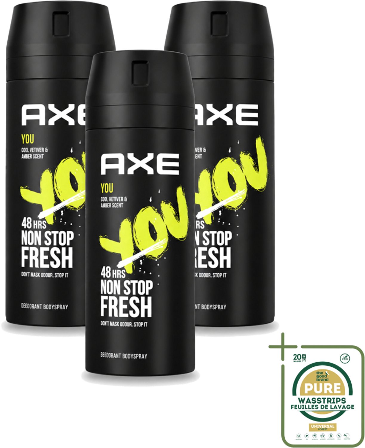 3 x Axe - Deodorant Bodyspray - 48hrs Fresh - You - Cool Vetiver & Amber - 150 ml - Wasstrips - 48 Uur Bescherming - Deodorant Sprayer - Geur Van Amber - Geur Van Vanille - Geur Van Zwarte Peper