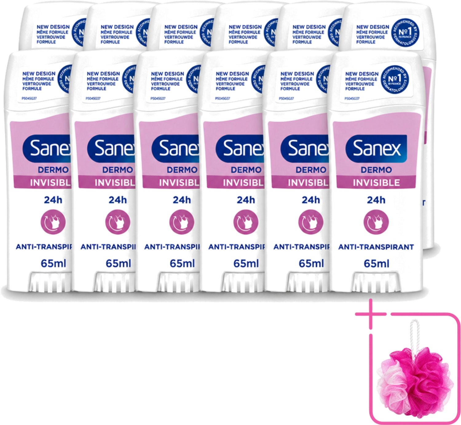 12 x Sanex – Deodorant Stick – Dermo Invisible – 65 ml - Bulkverpakking - Onzezichtbare deodorantstick - Douchemop - Deodorantstick