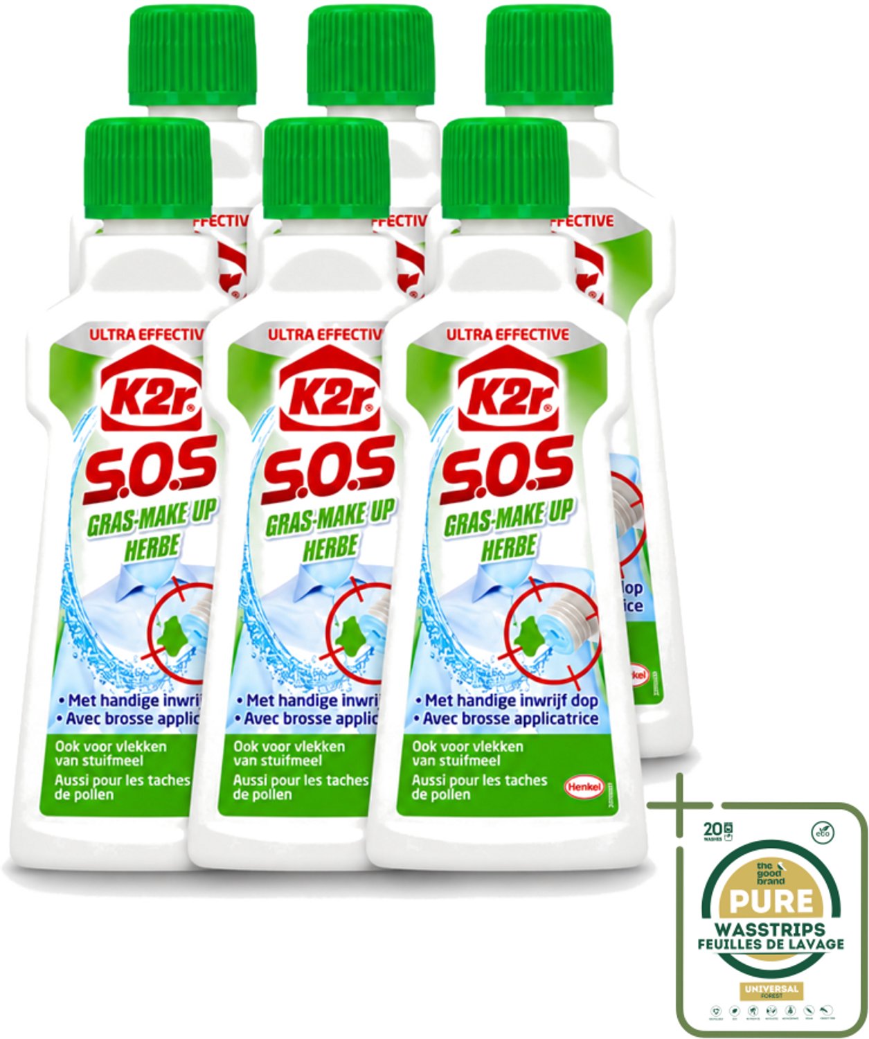 6 x K2R - SOS Vlekverwijderaar - Gras & Make-up - 50ml - Wasstrips - Vlekverwijderaar - Grasvlek - Make-upvlek - Textielverwijderaar - Vlekken Verwijderen