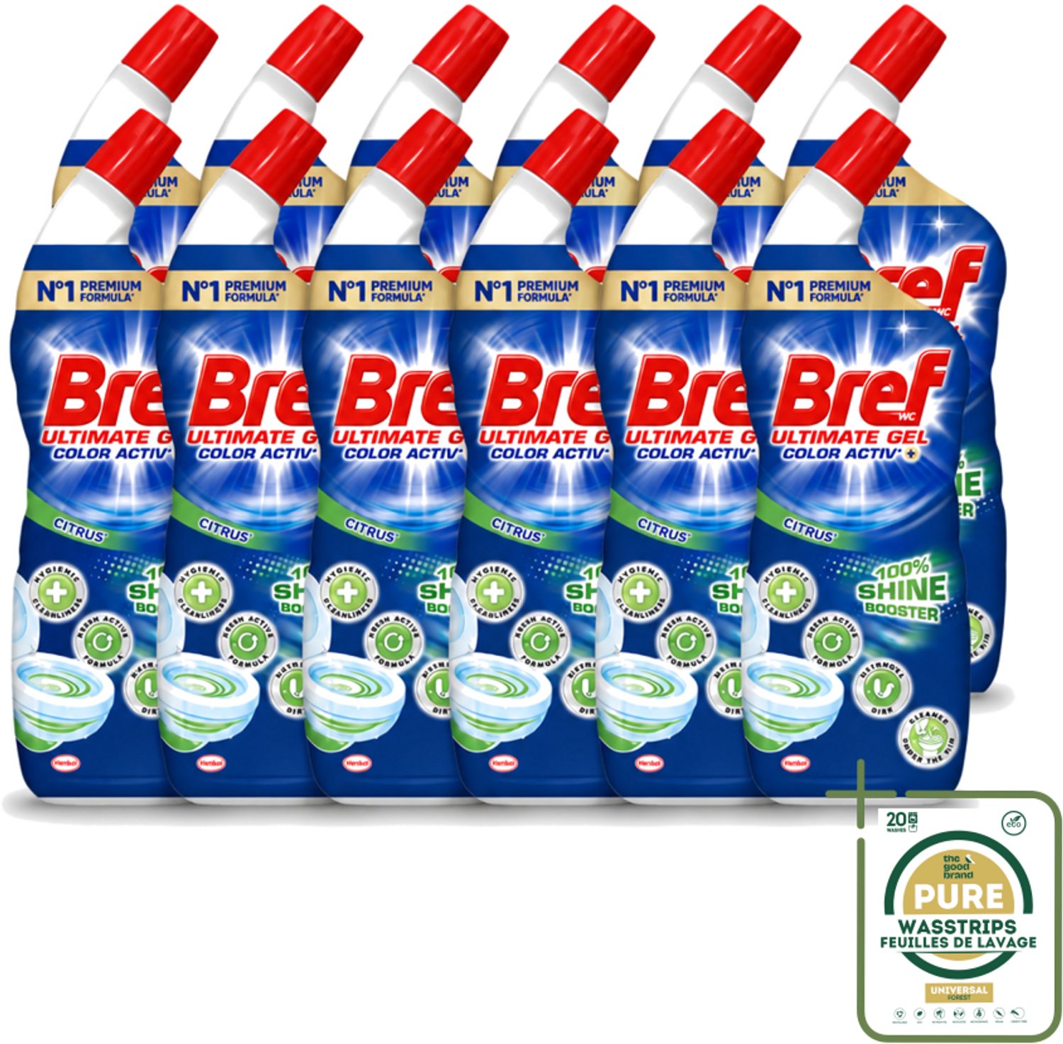 12 x Bref WC - Ultimate Gel Color Activ+ - Toiletreiniger - Citrus - 700 ml - Wasstrips - Hygiëne Toilet - Toilet Reinigen - Toilet Reinigingsgel - Toilet Reinigingsproduct - Toilet Kalk Bestrijden