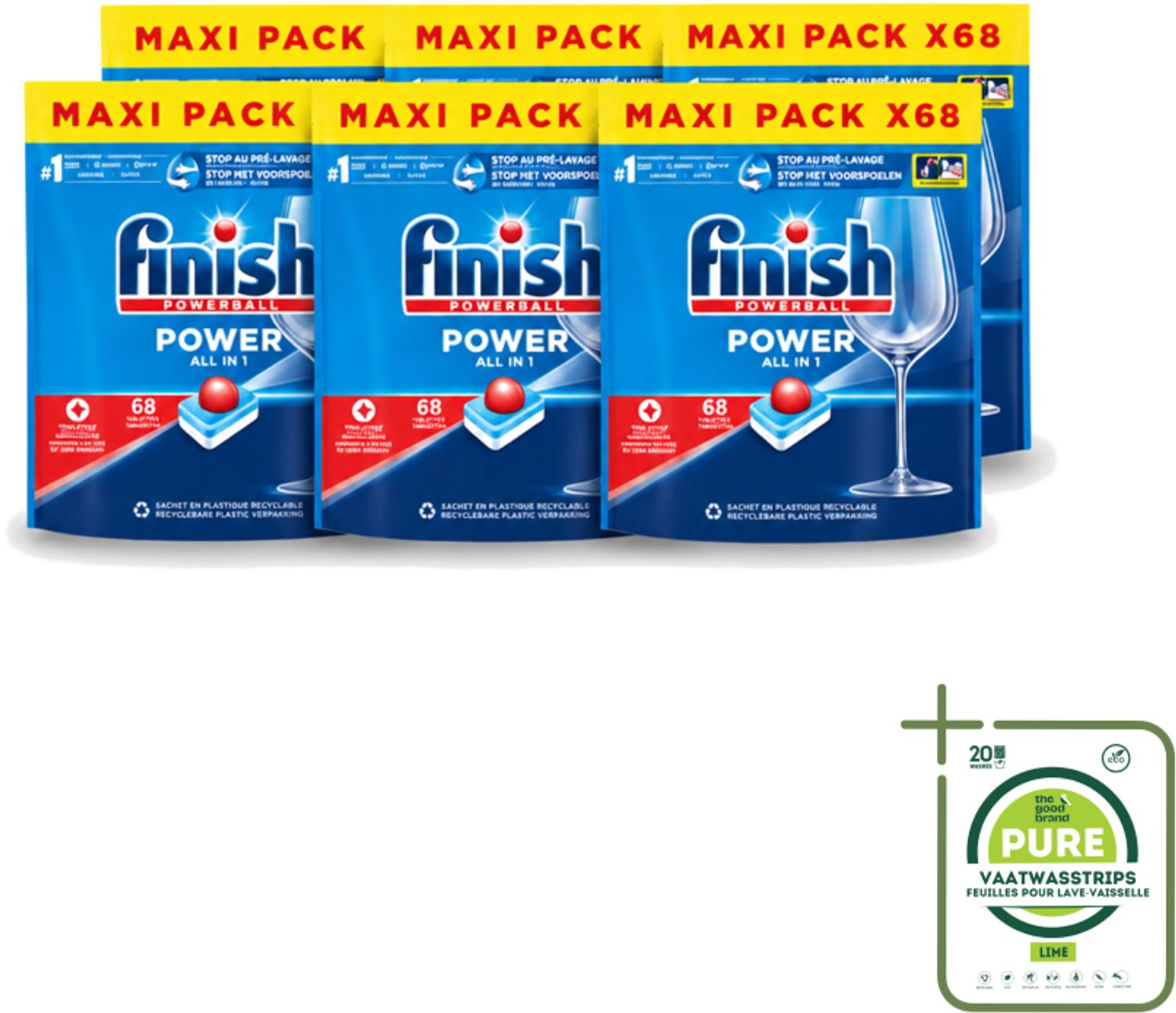 6 x Finish Powerball - Power All in 1 - Vaatwastabletten - Reiniging & Glans - 68 Tabletten - Grootverpakking - Vaatwasstrips - Vaatwastabletten - Vaatwasmiddel - Reiniging - Vaatwasser - Anti-kalk