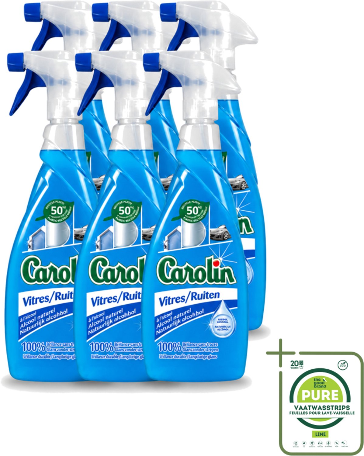 6 x Carolin - Glas- en Ruitenreiniger - Met Natuurlijke Alcohol - 650 ml - Grootverpakking - Vaatwasstrips - Glas Reiniger - Ruiten Reiniger - Natuurlijke Alcohol - Schone Ramen - Streeploze Glans