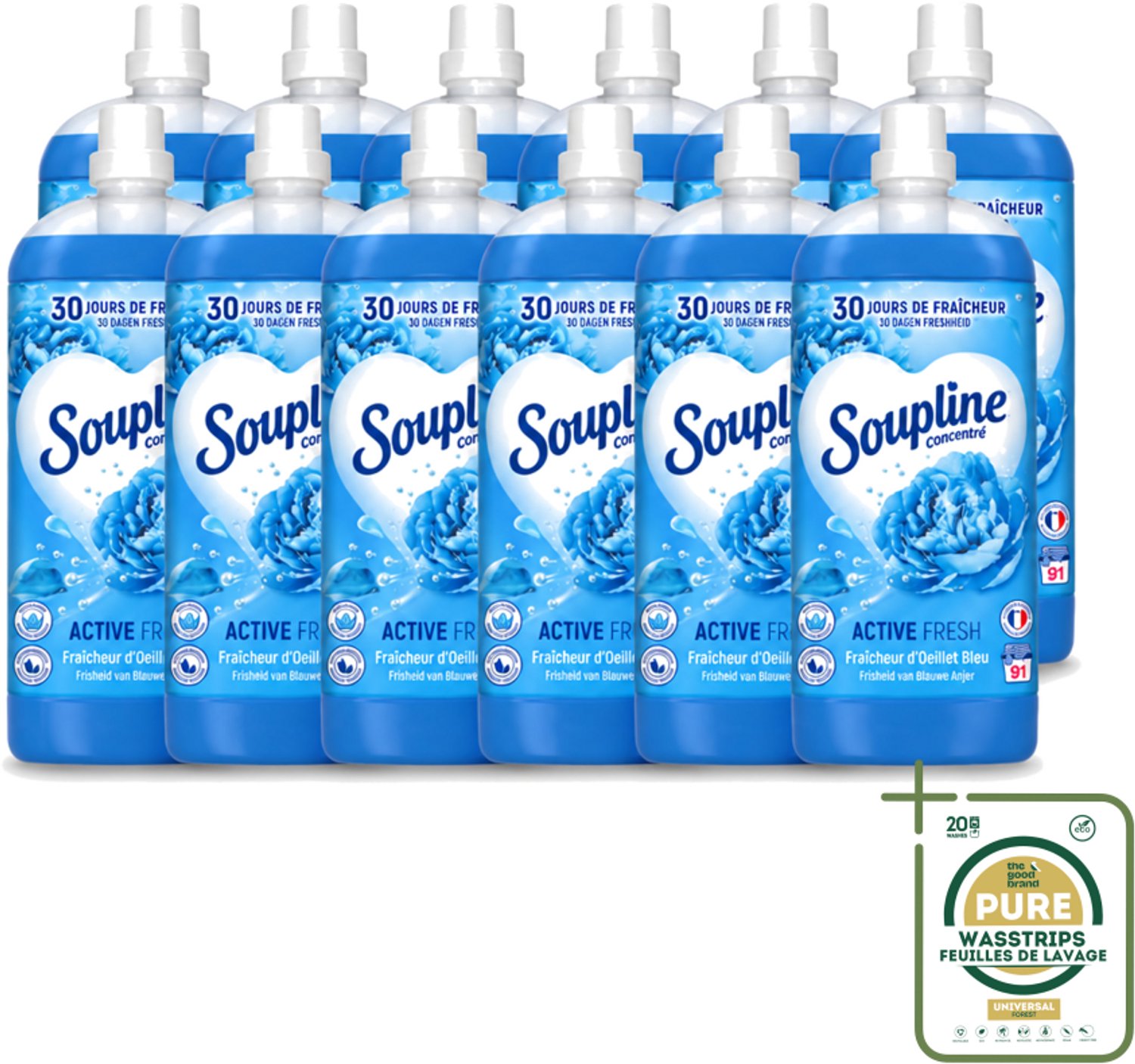 12 x Soupline – Wasverzachter – Active Fresh Frisheid van Blauwe Anjer – 2 L - Wasstrips - Wasverzachter - Frisheid - Blauwe Anjer - Wasgoed - Kleding