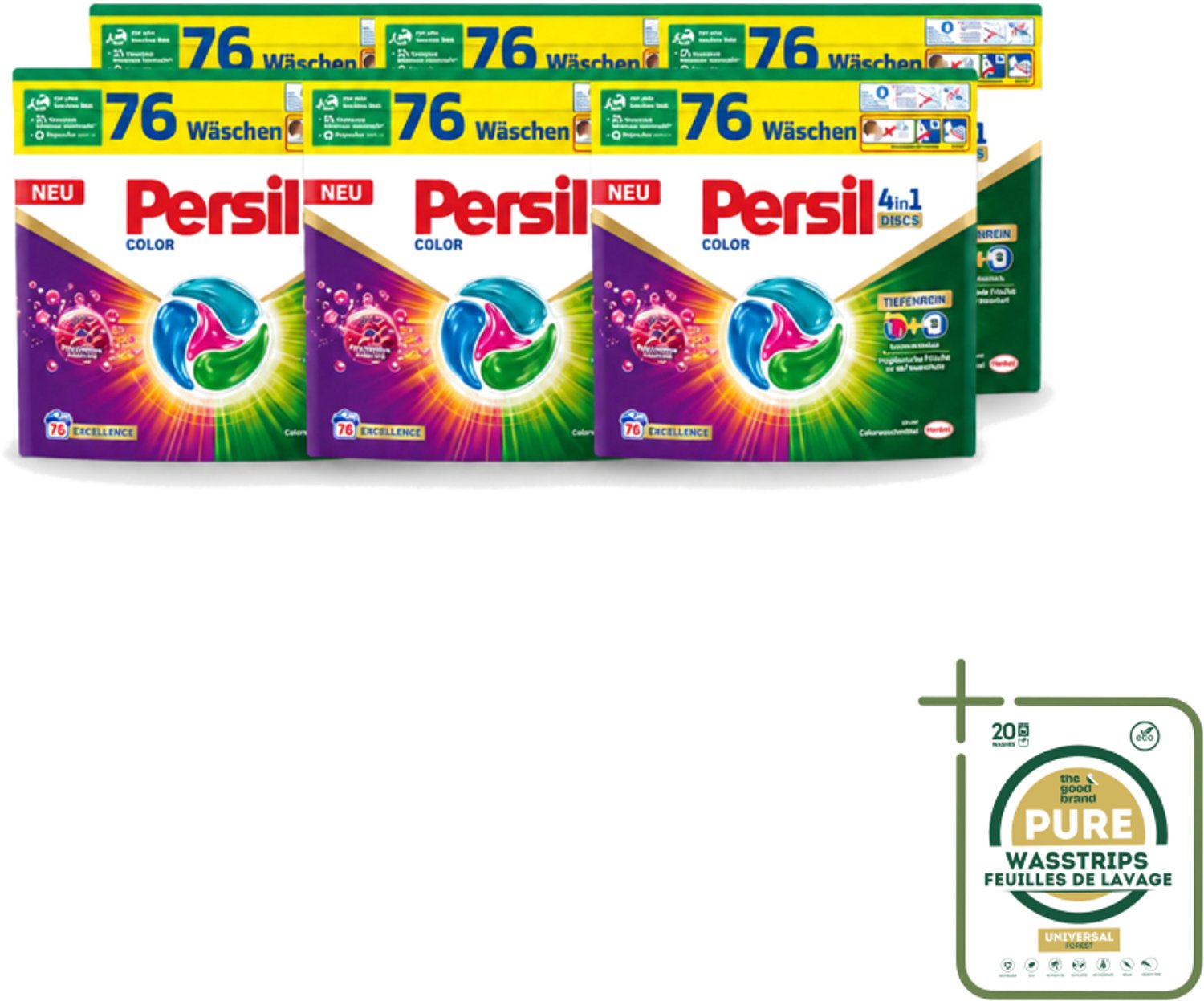 6 x Persil – Wasmiddel Discs 4-in-1 – Color - 76 Capsules - Wasstrips - Wasmiddel - Kleuren Beschermen - Vlekken Verwijderen - Wasdiscs - Gekleurde Was