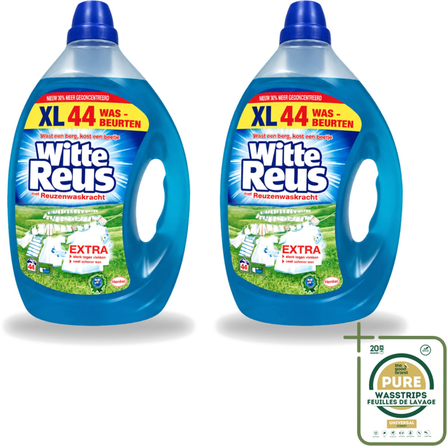 2 x Witte Reus - Vloeibaar Wasmiddel - 44 Wasbeurten - Wasstrips - Wasmiddel - Witte Was - Vlekken Verwijderen - Wasbeurten - Wasresultaat