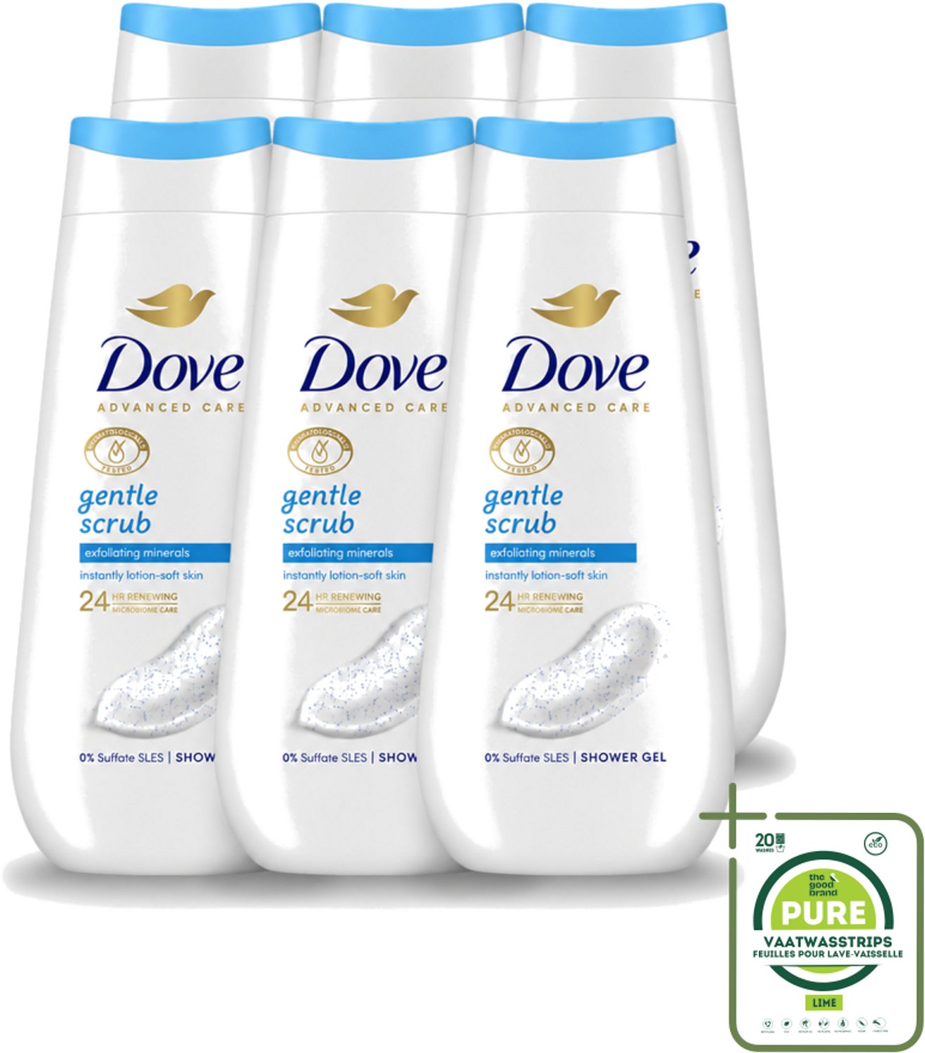 6 x Dove – Douchegel – Advanced Care Gentle Scrub – 225 ml - Grootverpakking - Vaatwasstrips - Douchegel - Exfoliatie - Huidverzorging - Zachte Douchegel - Schuim