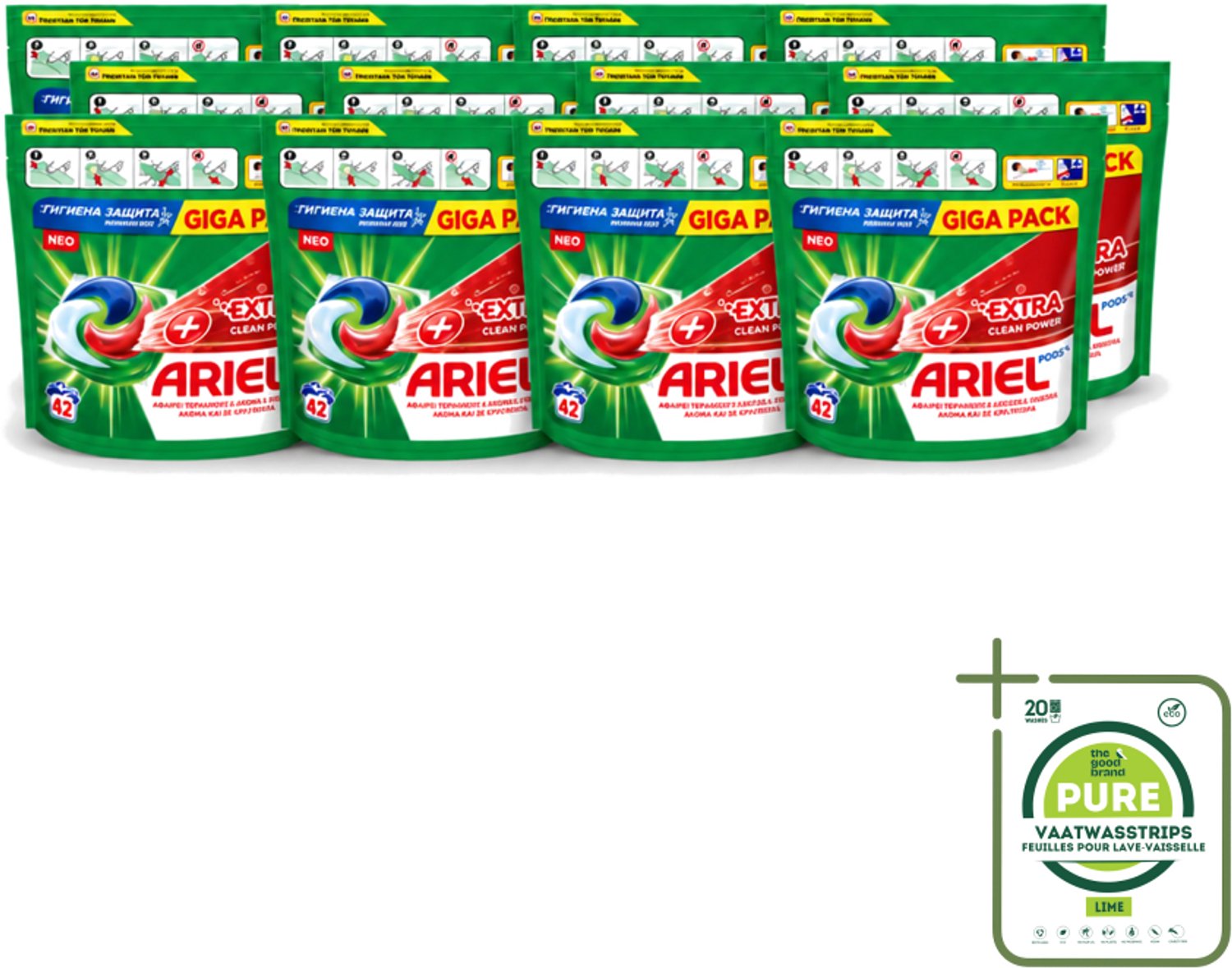 12 x Ariel – Pods – Clean Power Extra Schoon – 42 wasbeurten - Grootverpakking - Vaatwasstrips - Ariel Clean Power Pods - Extra Schoon Pods - Krachtige Vlekverwijdering - 42 Wasbeurten - Power Segment