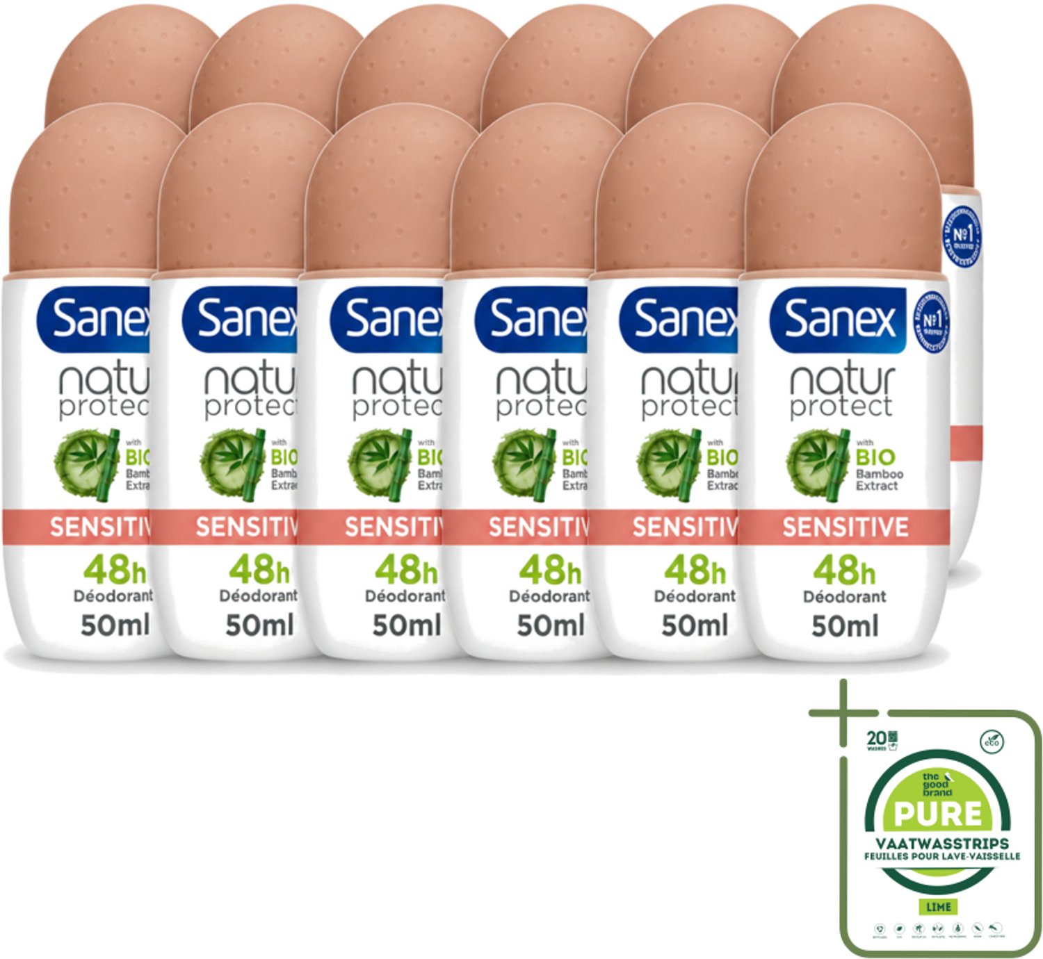 12 x Sanex – Deodorant Roll-On – Natur Protect Sensitive – 50 ml - Grootverpakking - Vaatwasstrips - Gevoelige Huid - Deodorant Roll-on - Natuurlijke Bescherming - Milde Deodorant - Frisheid