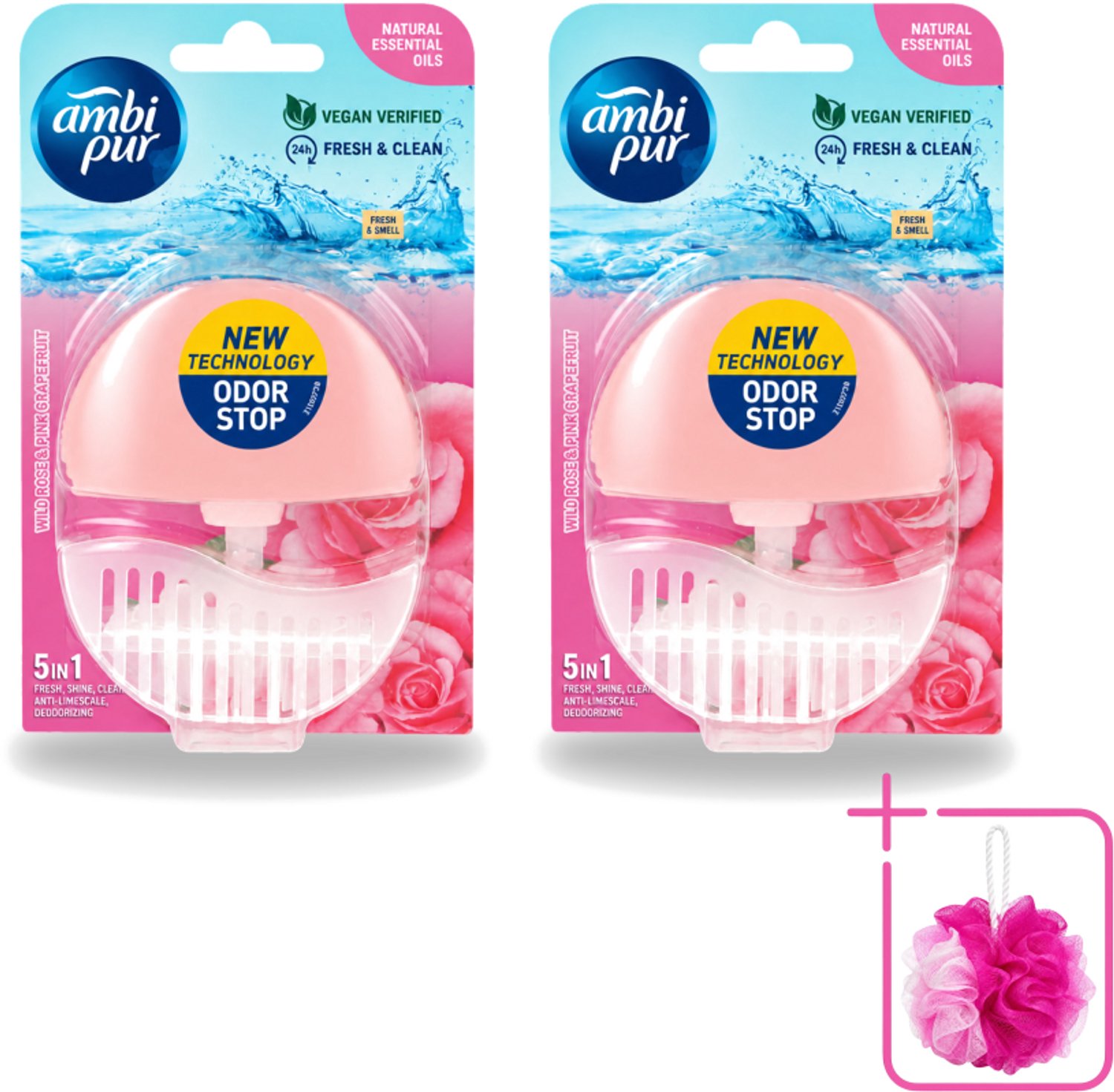 2 x Ambi Pur - Toiletblok - 5in1- Wilde Roos & Roze Grapefruit - 1 Blok - Bulkverpakking - Toilet - Douchemop - Toiletblok
