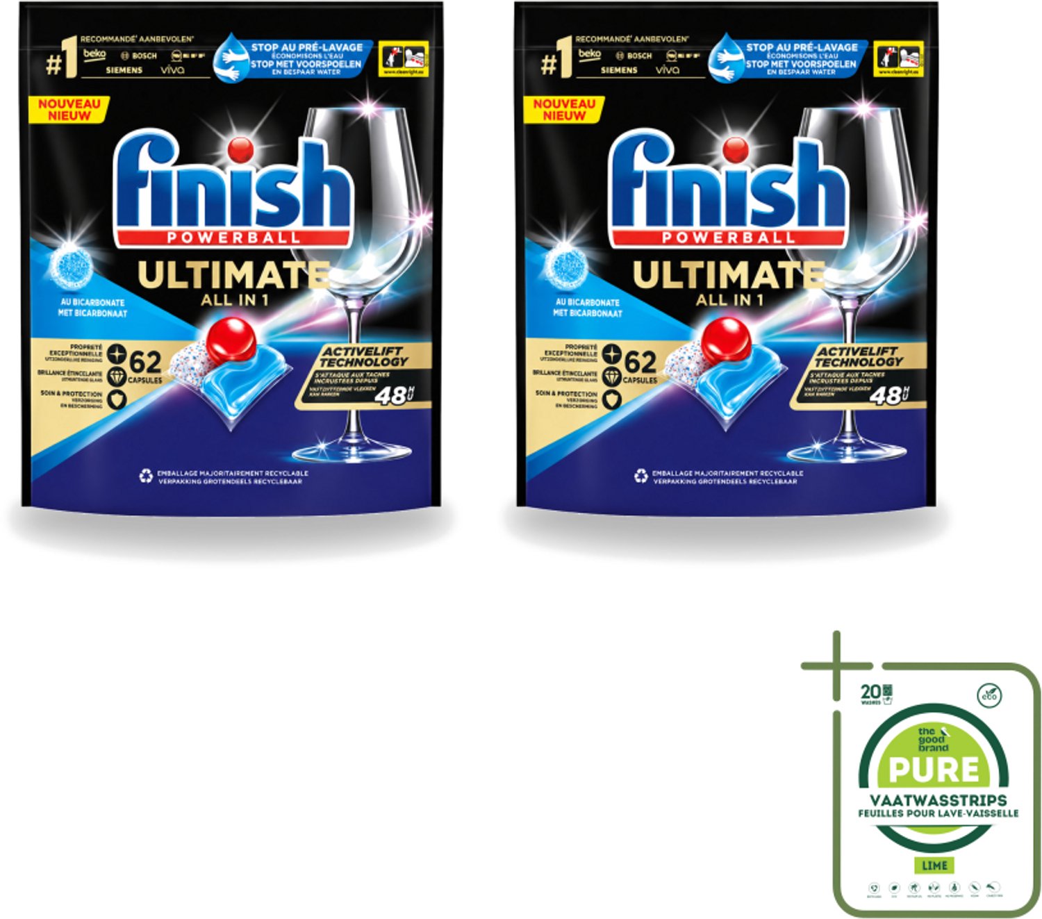2 x Finish Powerball - Ultimate All in One - Vaatwastabletten - Met Bicarbonaat - 62 Capsules - Grootverpakking - Vaatwasstrips - Vaatwasmiddel - Vaatwascapsules - Glans - Reiniging - Vlekken Verwijderen