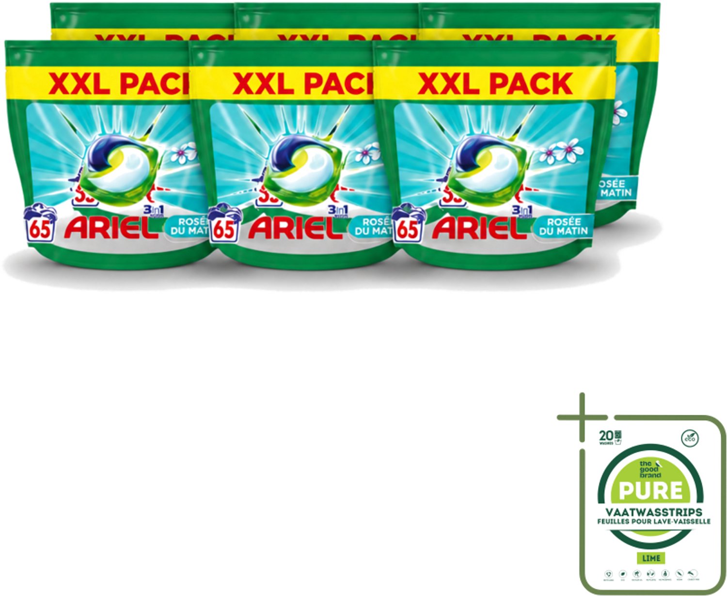 6 x Ariel – Pods 3in1 – Rosée du Matin – 1332 g – 65 wasbeurten - Grootverpakking - Vaatwasstrips - Ariel 3in1 Pods Rosée Du Matin - 3in1 Waspods - Wasmiddel Met Kleurbehoud - Wasmiddel Voor Gekleurde Kleding - Frisse Geur