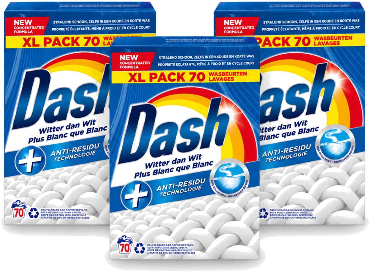 3 x Dash - Witter dan Wit - Snel Oplossend Waspoeder - Witte Was - 70 Wasbeurten - Voordeelverpakking - 3 stuks