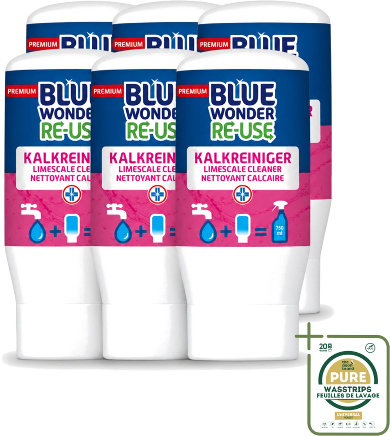 6 x Blue Wonder - Premium Re-use Kalkreiniger - 50 ml - Kalkreiniger - Badkamer Reinigen - Kalk Verwijderen - Vet Verwijderen - Vuil Verwijderen