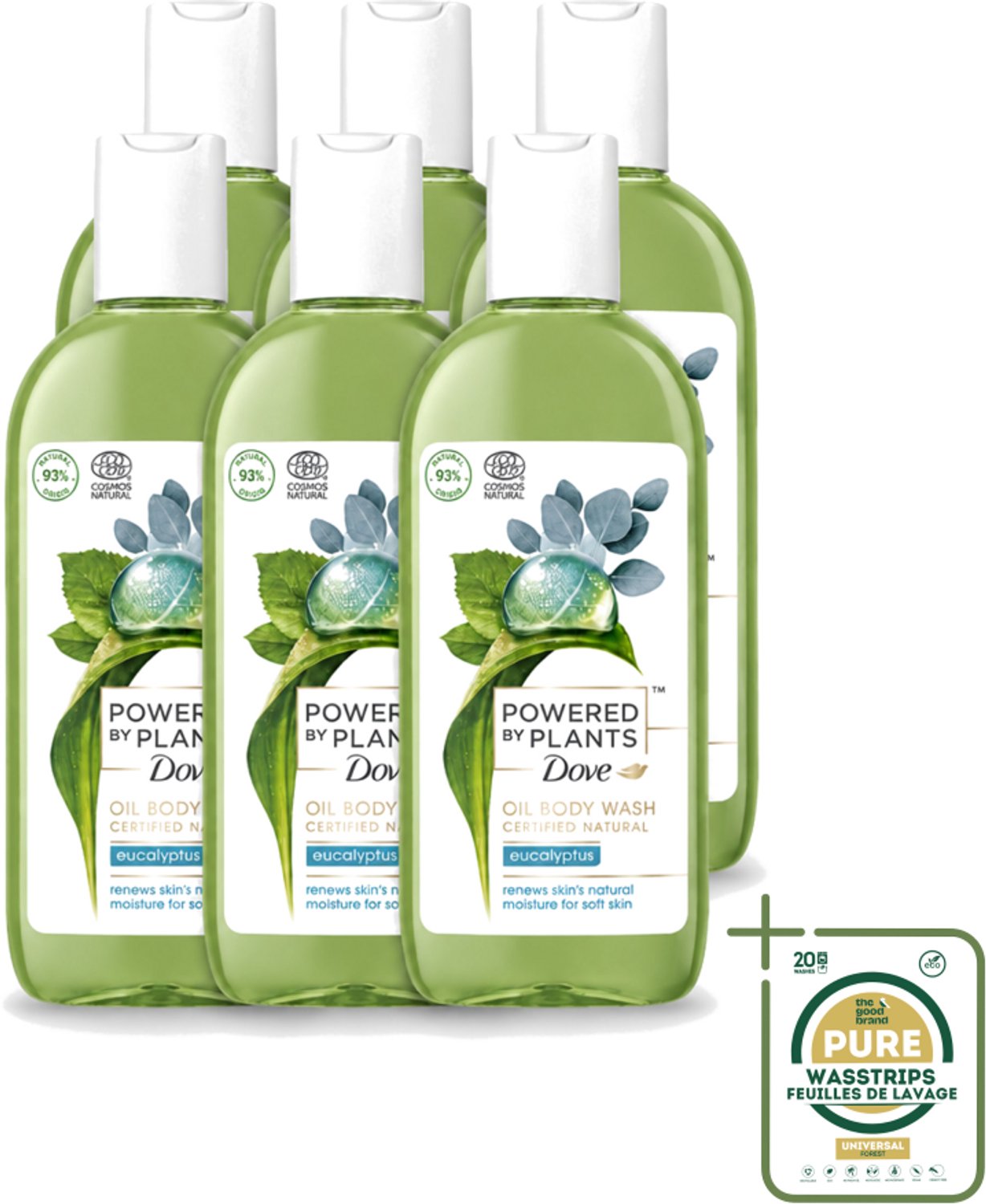 6 x Dove Powered by Plants - Oil Body Wash - Eucalyptus - 250 ml - Wasstrips - Natuurlijke Verzorging - Eucalyptus - Olie - Lichaamsschoonmaak - Hydraterende Douche