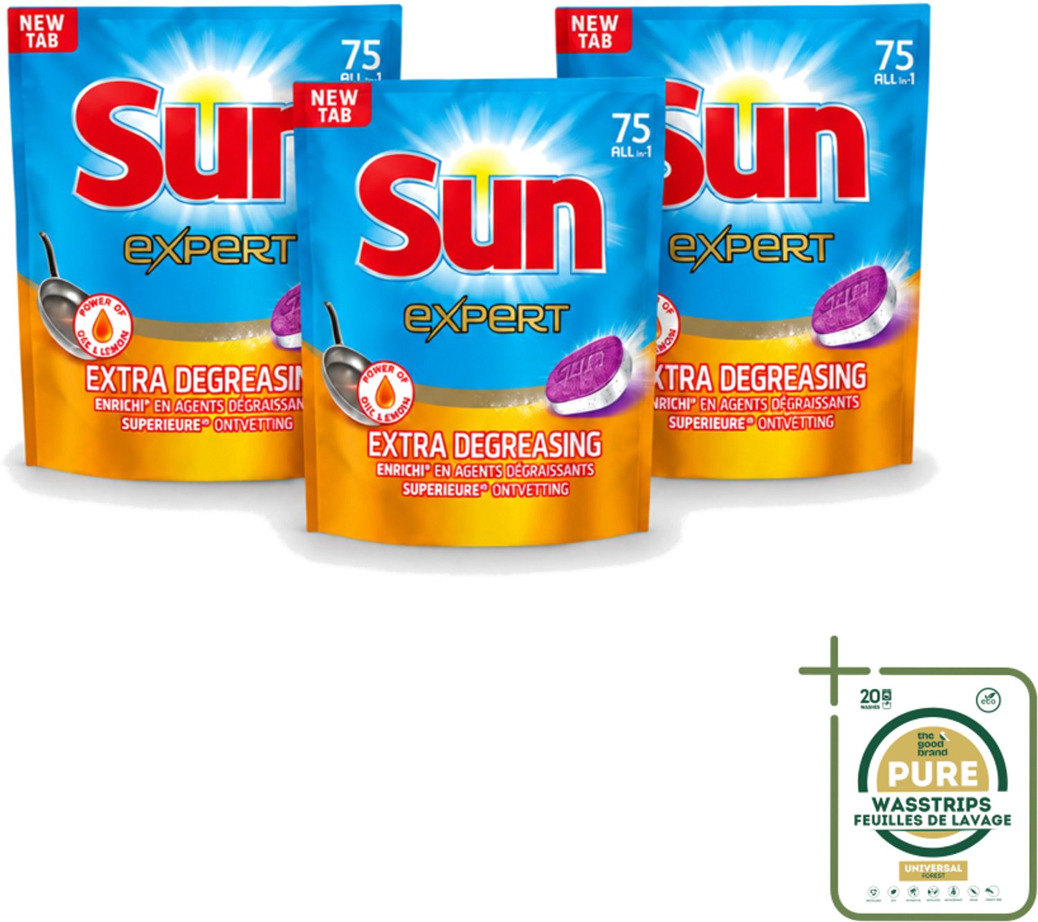 3 x Sun Expert - All-in-1 - Vaatwastabletten - Extra Ontvettend - 75 Tabletten - Wasstrips - Vaatwastabletten - Vaatwasmiddel - Ontvetting - Vaatwasser - Vaat Reinigen