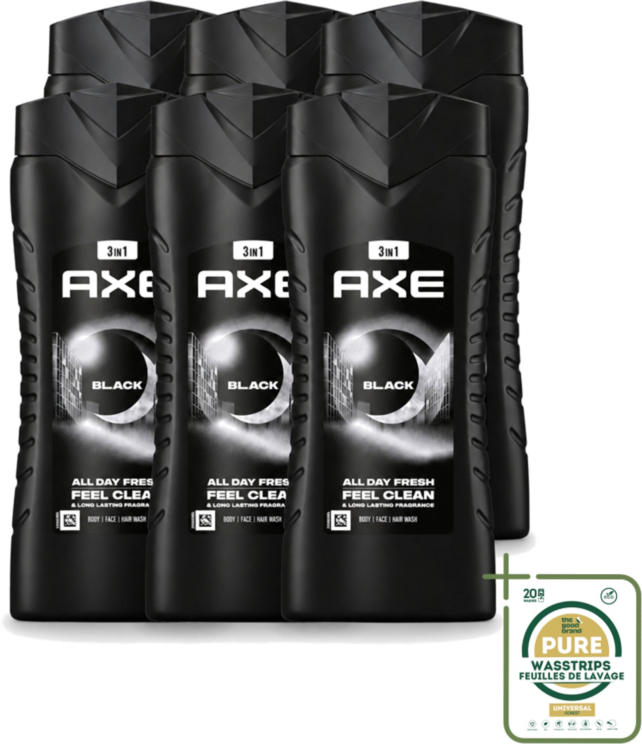 6 x Axe XL - 3-in-1 Douchegel - Black - Frozen Pear & Cedarwoord - 12hrs Long Lasting Scent - 400 ml - Wasstrips - Douchegel - Lichaam - Gezicht - Haar - Frisheid