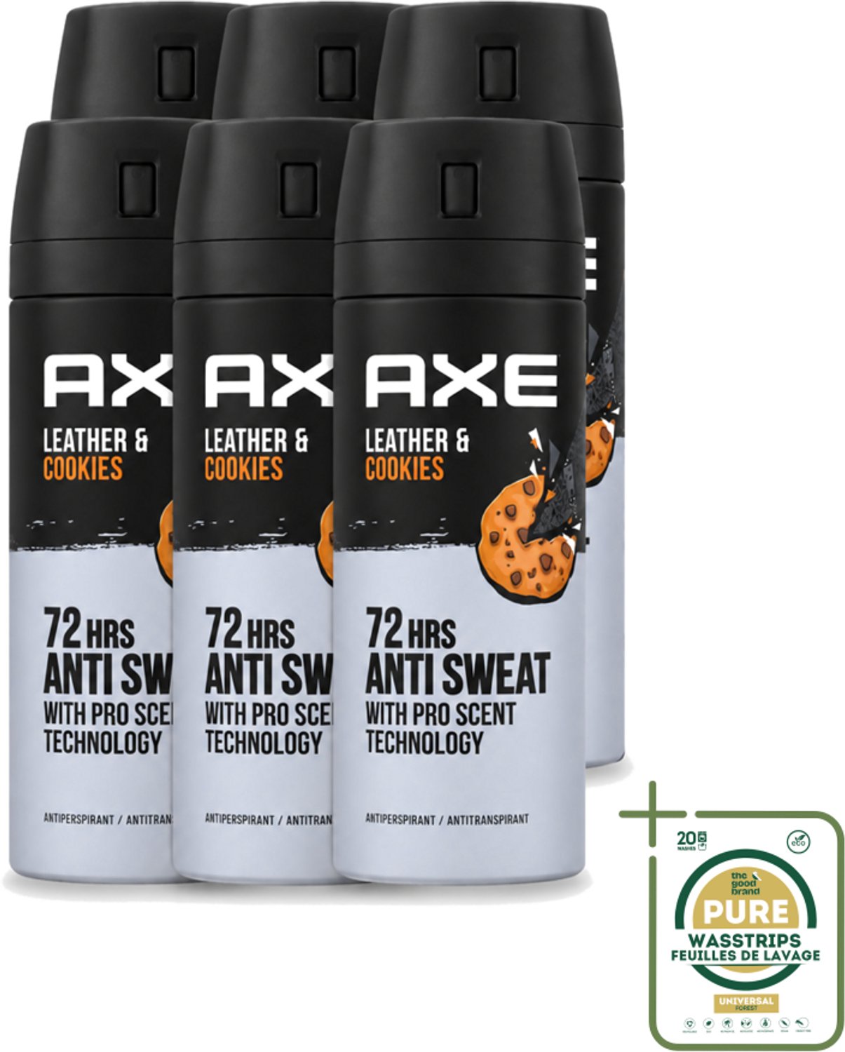 6 x Axe - Deodorant Spray - 72hrs Anti Sweat - Leather & Cookies - 150 ml - Wasstrips - 72 Uur Anti Zweet - Deodorant Spray - Zweetbestendig - Leer En Koekjes Geur - Langdurige Frisheid