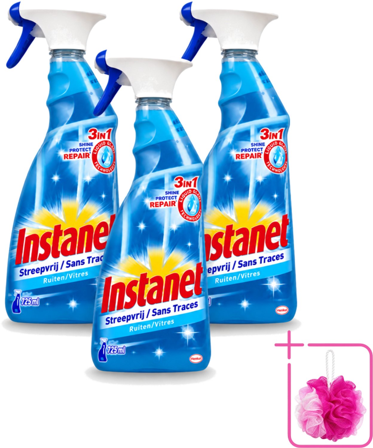 3 x Instanet - Ruitenreiniger - Streepvrij - 3in1 Spray - 725 ml - Bulkverpakking - Ruitenreiniger - Douchemop - Streepvrije ruiten