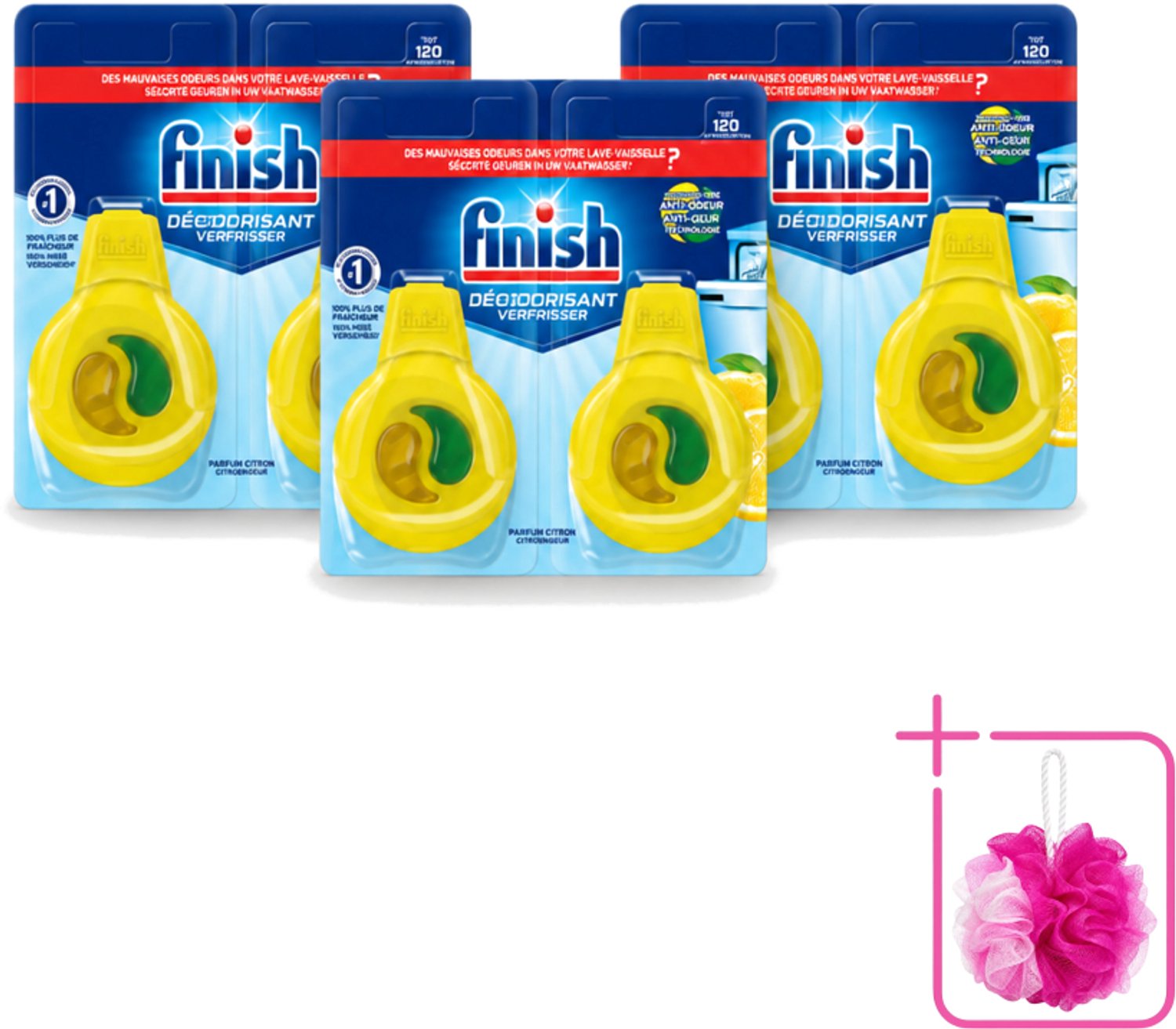 3 x Finish Deo Odorstop - Vaatwasverfrisser - Citroen Parfum - Anti-geur - Tot 120 Afwasbeurten - Bulkverpakking - Vaatwasverfrisser - Douchemop - Geurbeheersing