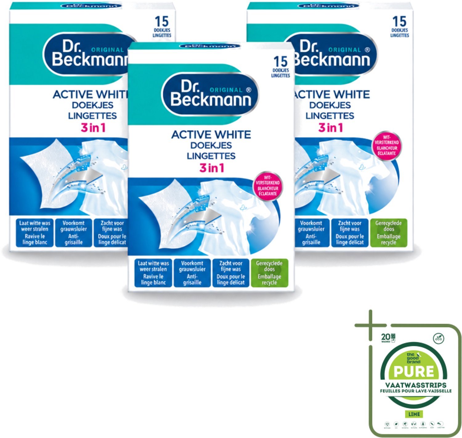 3 x Dr. Beckmann - Kleurverzorging - Active White - Witte Was - 15 Doekjes - Grootverpakking - Vaatwasstrips - Witwas - Grauwsluier Verwijderen - Witte Was Herstellen - Actieve Witmaker - Was Reinigen