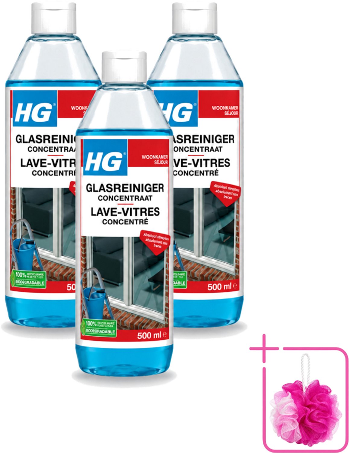 3 x HG - Glasreiniger Concentraat - Streeploos Schoon - 12 Schoonmaakbeurten - 500 ml - Bulkverpakking - Glas reinigen - Douchemop - Streeploos reinigen