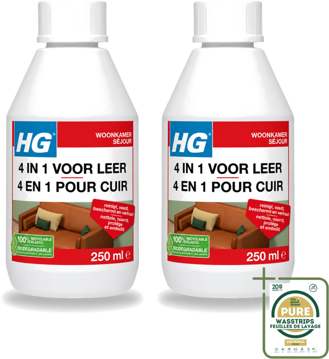 2 x HG - 4 In 1 Voor Leer - Beschermt, Voedt, Verfraait & Reinigt - 250 ml - Wasstrips - Leer Reinigen - Leer Voeden - Leer Beschermen - Leer Verfraaien - Leer Verkleuren
