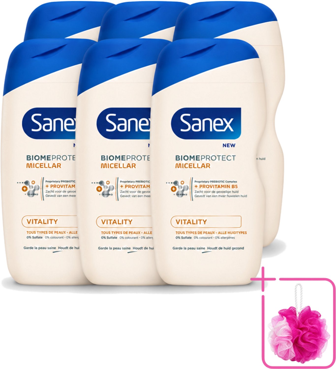 6 x Sanex - BiomeProtect Micellair - Douchegel - Vitaliteit - 0% Sulfaat - Alle Huidtypes - 400 ml - Bulkverpakking - Huid reinigen - Douchemop - Micellaire douchegel