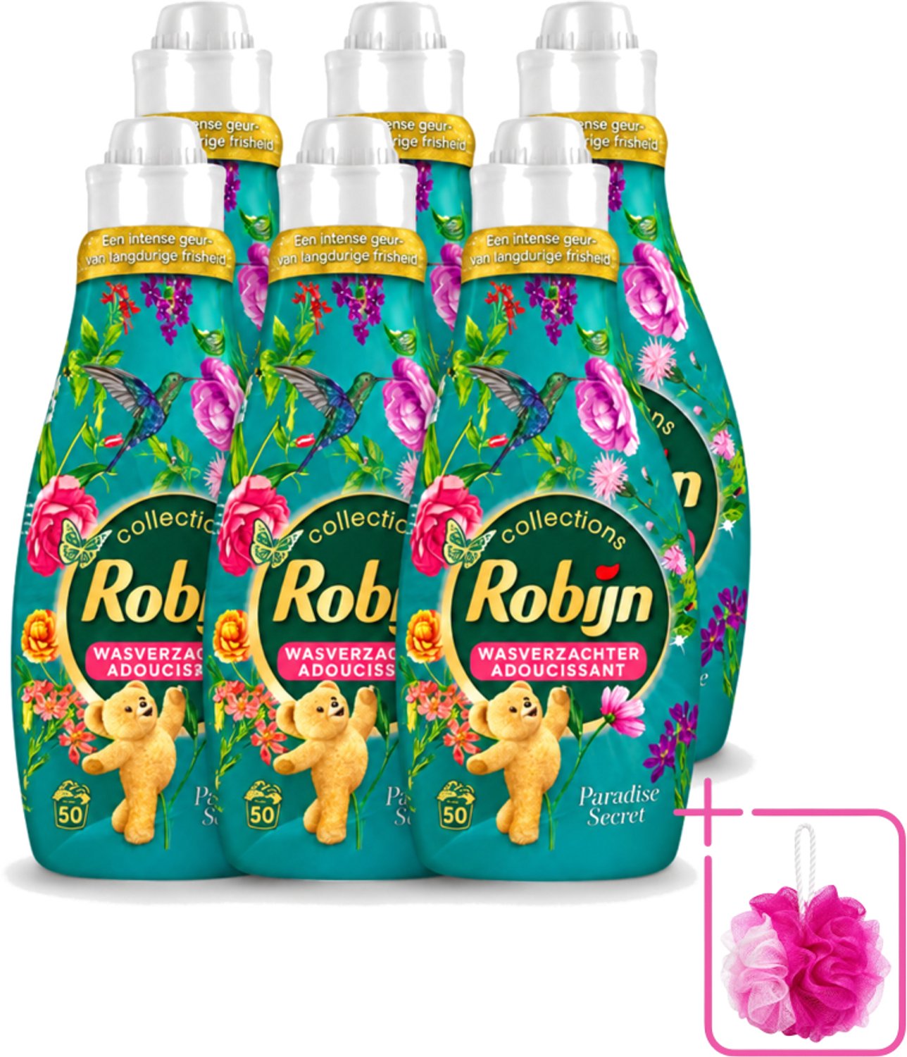 6 x Robijn Collections - Wasverzachter - Paradise Secret - 1,25L - 50 Wasbeurten - Bulkverpakking - Wasverzachter - Douchemop - Luxe wasverzachter