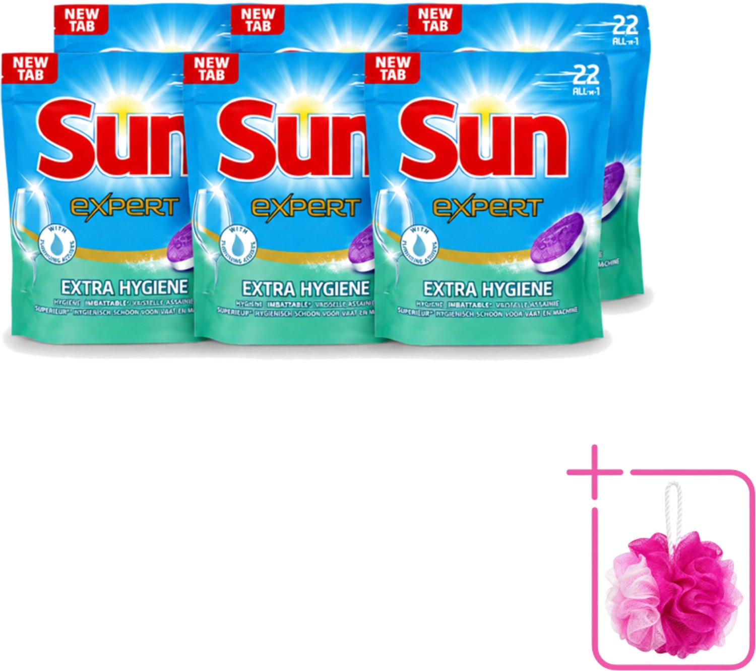 6 x Sun Expert - Extra Hygiëne - Vaatwastabletten - 22 Tabletten - Bulkverpakking - Vaatwastabletten - Douchemop - Hygiëne