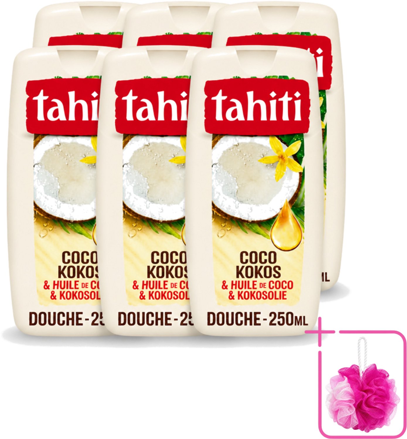 6 x Tahiti - Douchegel - Kokos & Kokosolie - Hydraterend - 250 ml - Bulkverpakking - Douchegel kokos - Douchemop - Kokosolie douchegel
