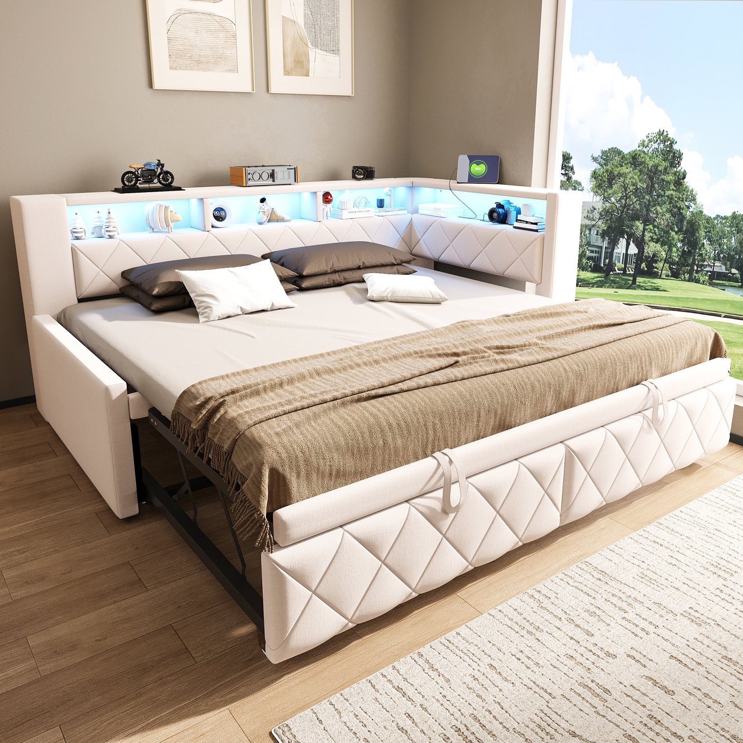 Zubaliya Dagbed, Daybed, 90 × 200 cm, 180 × 200 cm, multifunctioneel uitschuifbaar bed-ontwerp met LED-lichtstrip, stopcontact, zonder matras, linnen, beige