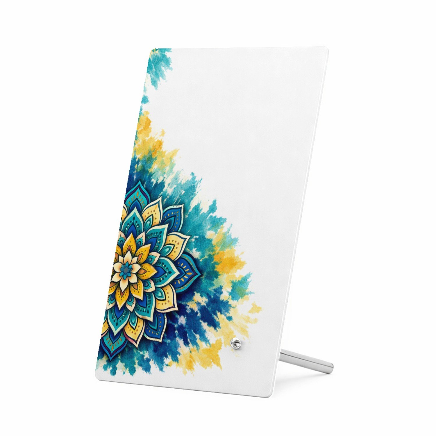 Mr Cadeautjes Glasframe 11 x 16 - design Een grote, centrale zonnebloemmandala op een zachte aquarelw | cadeau Wit