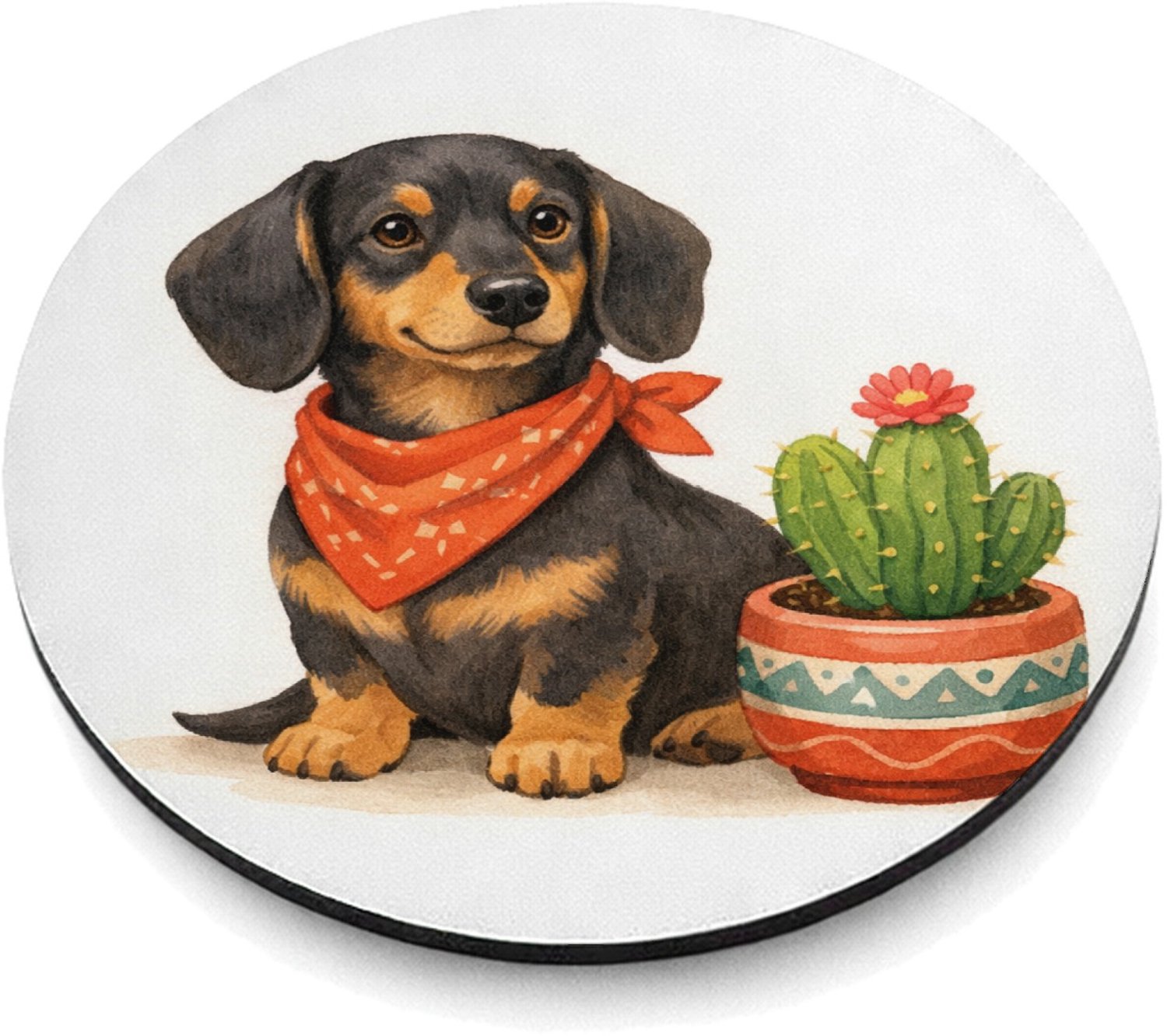 Mr Cadeautjes MDF magnetische fotolijst rond Ø 9,5 - design Een eigenwijze teckel met een bandana, naast een kleine cact | cadeau Wit