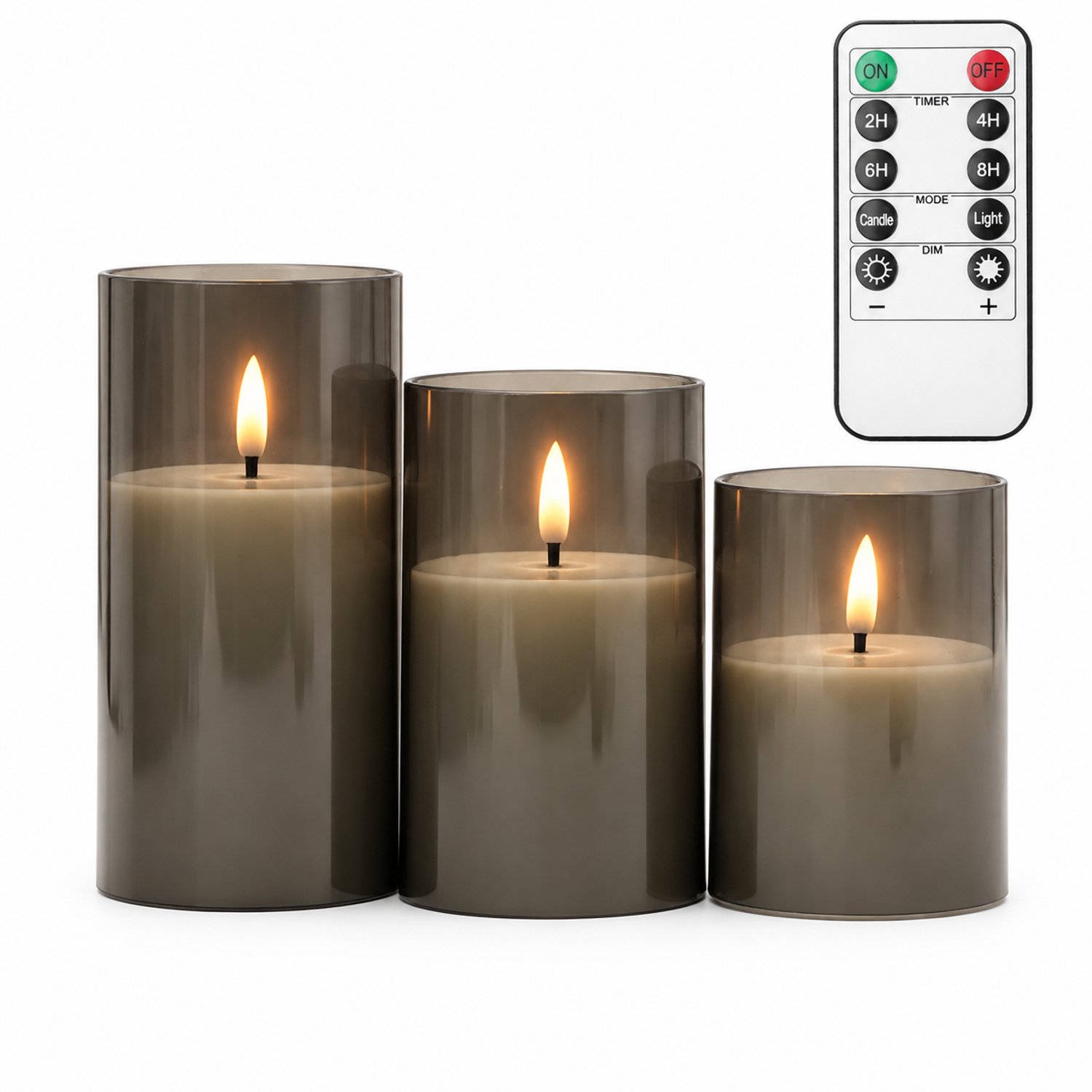 SWGOTA led kaarsen, 3 stuks per doos, grijs, vlamvormig licht en verschillende hoogtes, met afstandsbediening, timerknoppen en knoopcel voor de afstandsbediening
