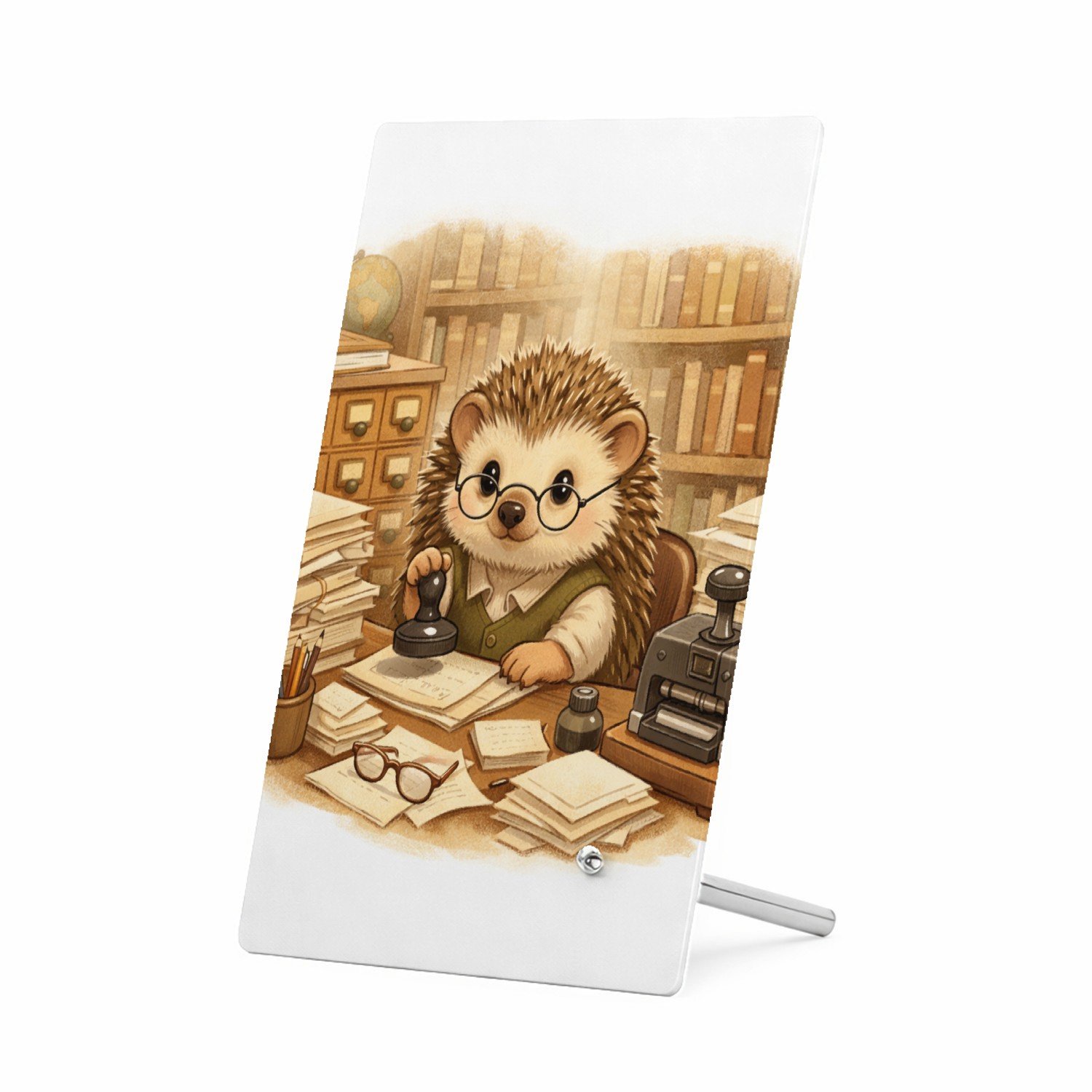 Mr Cadeautjes Glasframe 11 x 16 - design Een egel als bibliothecaris tussen hoge boekenkasten, met te | cadeau Wit